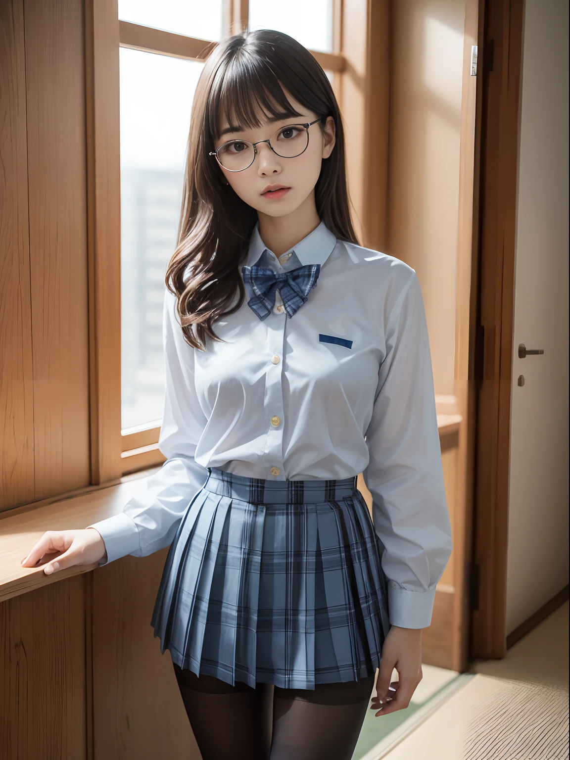 （8K、Raw photography、top-quality、​masterpiece：1.2),bob cuts,glamor,Chromo-white skin,cocky,School,watching at viewers,Looking at the front,Muchimuchi,Erotic,Pupils,(Light blue bra seen through the shirt),de pele branca,kne,(Black pantyhose),absurderes,a small face,small tits,flat breast,Parting the bangs from the middle、Forehead visible,(a cold expression,Tight eyes,glares,Bullish,skinny,Rasping,irate)、​masterpiece,top-quality、超A high resolution,Raw photo,ren,Beautiful fece,One Person, 独奏,eye glass,,Dark look,Small breasts,fullllbody,Round glasses,JK school uniform,hi-school girl,A Japanese Lady,is standing,（Photorealsitic：1.37）、Photon mapping,Realistic、Beautie,Cute little face,Brown-eyed、Black socks、(Red bow tie)、Radio City、Physically Based Rendering、depth of fields、Blurry background、a picture,Body,beauty legs, Long legs, Thin leg,(Bangs are visible), hair, s lips, Blue_The eye, nosesoft,(Light blue shirt), (Navy and blue and white plaid pleated skirt), Knees are visible,Sheer clothing,, Thigh, Black cotton socks,Nogizaka Idol, 女優, Japanese ido