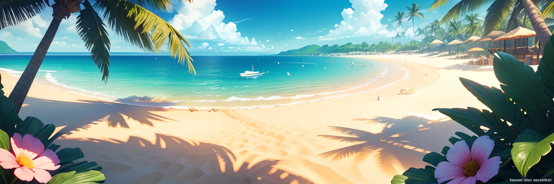 Nature, relaxing, peace ,beach, summer , fresh, happy , warm, sunny weather ,sky, sunny, colorful, happy and happy summer vacation, simple picture, close-up, brilliant sunshine, distant waves, visual impact, 3D DreamWorks style,