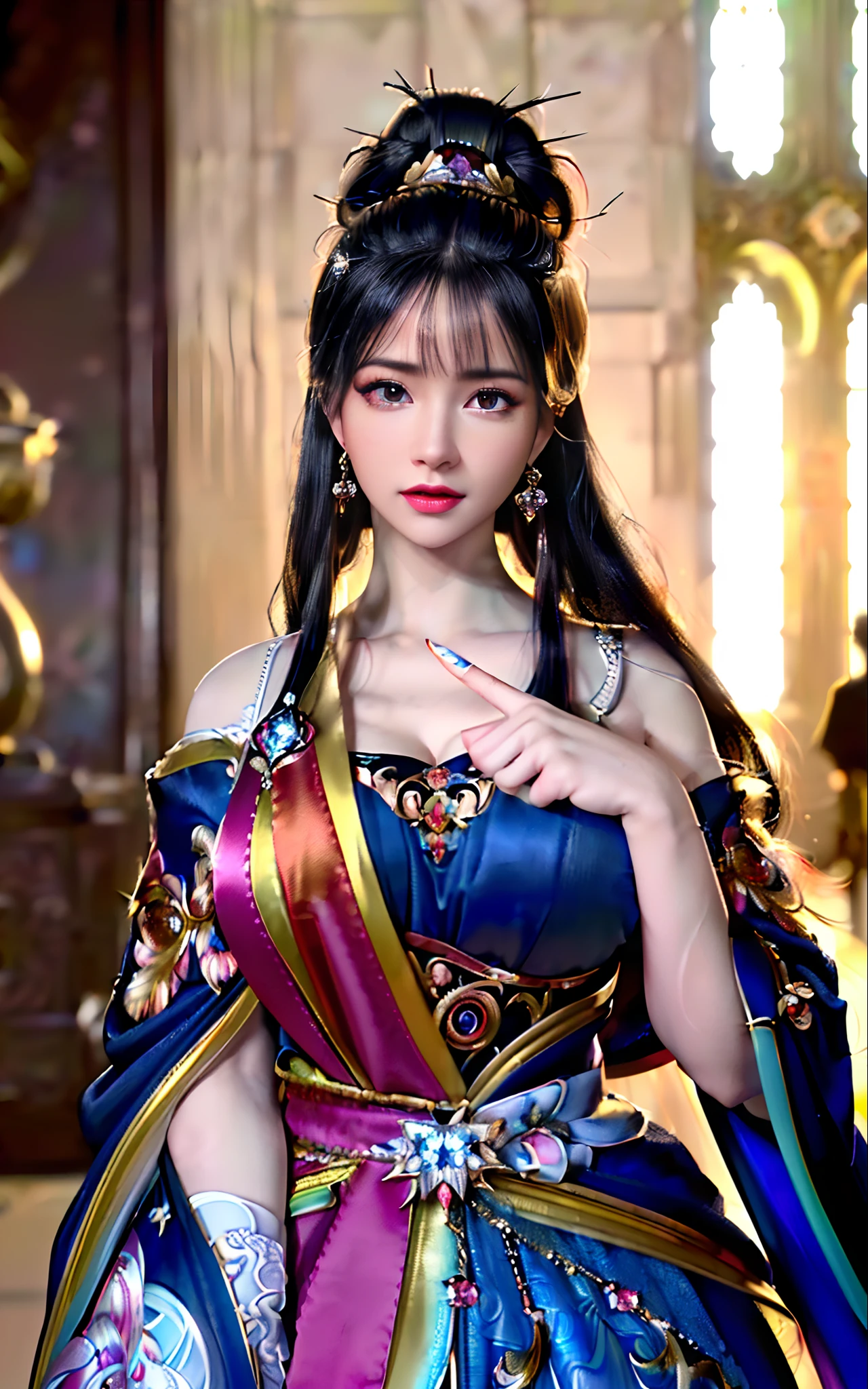 ((realisticity: 1.2)), ((realistic: 8K UHD)), ((best resolution: 8K UHD)), hyper detailed, best quality,masterpiece,highres,cg, ((1 girl hyper detailed and hyper realistic) ) , ((beautiful queen, hyper realistic and hyper detailed)),((white skin, beautiful, smooth, youthful, hyper realistic and hyper detailed )), ((Face hyper beautiful, white, hyper realistic and hyper detailed ) ), long hair, ((hyper realistic and hyper detailed dress)), solo, ((hyper realistic, hyper beautiful, beautiful and hyper detailed jewelry)), ((hyper beautiful deep red and golden yellow dress, hyper realistic and hyper detailed )) , ((Her pretty, hyper realistic, hyper detailed diamond filled earrings)), ((Her gorgeous diamond haircut, hyper realistic and hyper detailed)), ((hyper pretty upper body, hyper beautiful, hyper realistic and hyper detailed) ), ((medium breast: 1.5)), ((hyper realistic, hyper pretty, hyper detailed boobs)), ((the backgroun of the royal palace is hyper majestic, hyper realistic and hyper detailed)),((hands and palms hyper beautiful, hyper detailed, hyper realistic)), ((fingers: pinky finger, index finger, ring finger, middle finger, and thumb hyper realistic, hyper detailed, hyper beautiful)), ((hyper pretty, hyper pretty, hyper realistic and hyper detailed hair bun)), ((hyper pretty , hyper realistic and hyper detailed blue hair)), candid, Photo, high resolution, 8k , bokeh,