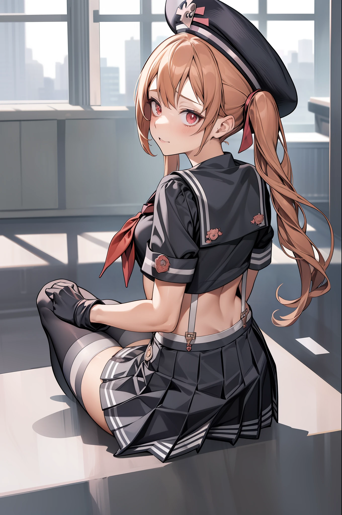 masutepiece, Best Quality, Miranda, hat, serafuku, Midriff, suspenders, red neckerchief, Pleated miniskirt, Black Gloves, black thighhighs, from behind, Sitting, Looking at Viewer, Puzzled