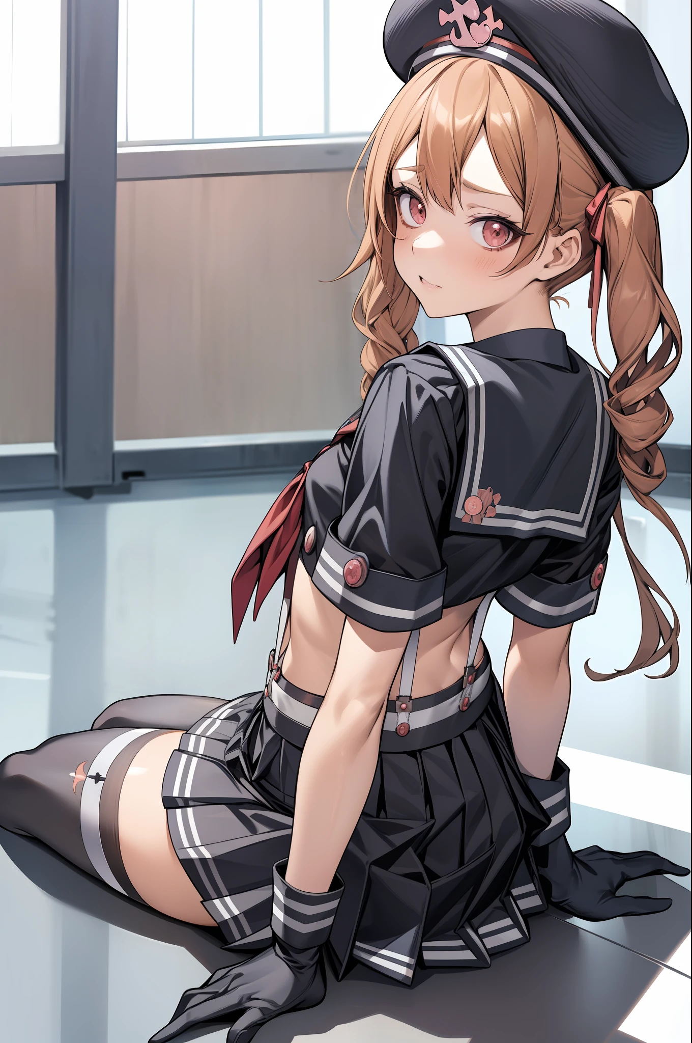 masutepiece, Best Quality, Miranda, hat, serafuku, Midriff, suspenders, red neckerchief, Pleated miniskirt, Black Gloves, black thighhighs, from behind, Sitting, Looking at Viewer, Puzzled