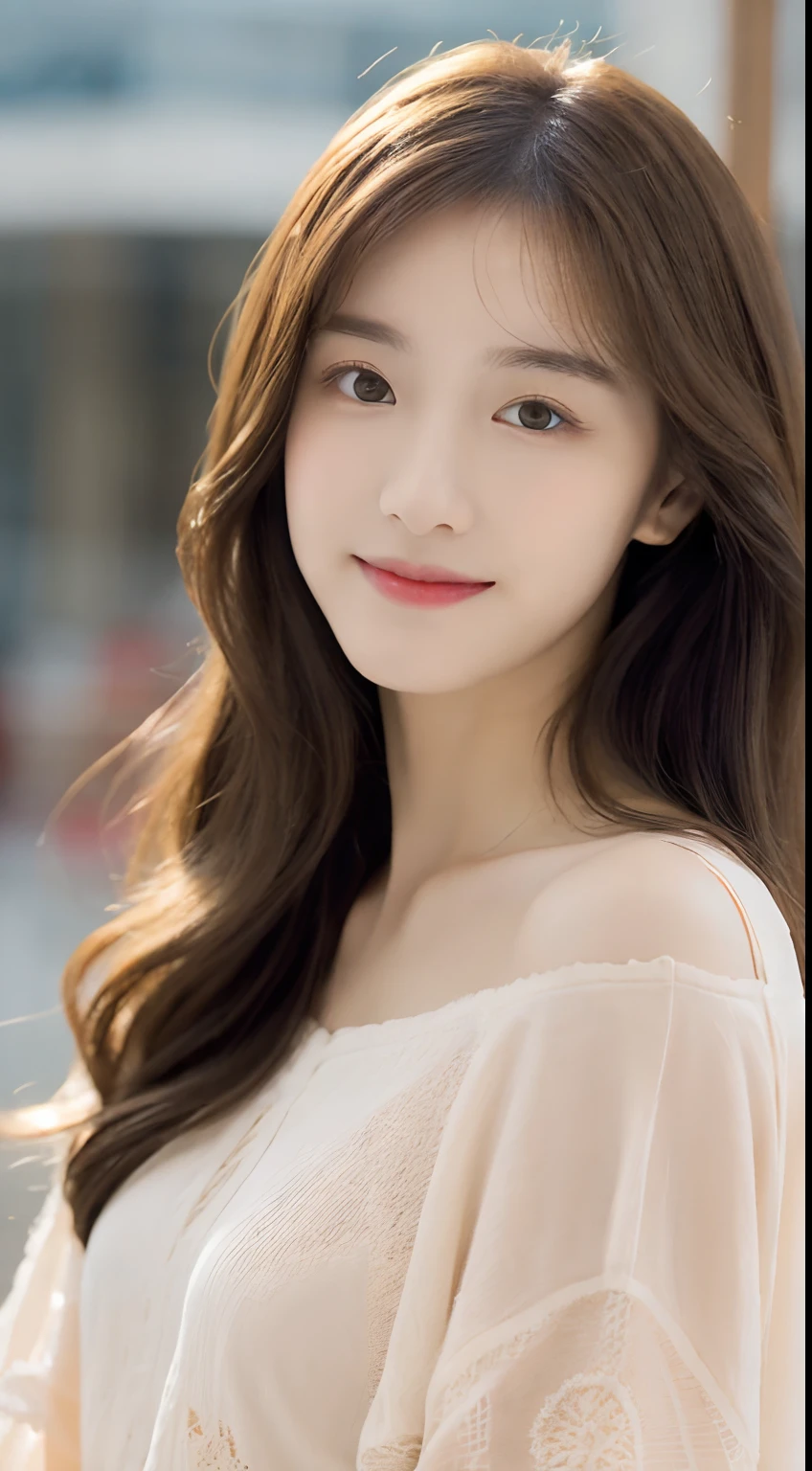 ultra best quality、half-body photo of a korean girl、Very beautiful, Delicate and delicate(Light makeup)、brown haired、A sweet smile、Delicate and beautiful fair skin、Realistic and realistic、delicate and complete facial features、detailed face depiction、High Nose Bridge、red-lips、Beautiful, calm and matured、flowing smooth hair、extremely delicate hair、soft temperament、Facial light、Surreal and Real、8K picture quality、 Extreme details, Realistic details, master work, Realistic extremes, Body, Absolutely beautiful, pure lust, stunning beauty, matchless beauty, The highest image quality, 8K分辨率, goddes, A smile, Fine facial features, Hair on the shoulders, brown haired,  rays of sunshine, toward to the camera, Well-proportioned and solid figure, eyes gentle, Exposed thighs, Standing posture, at a mall,No bangs、Korean curly hair