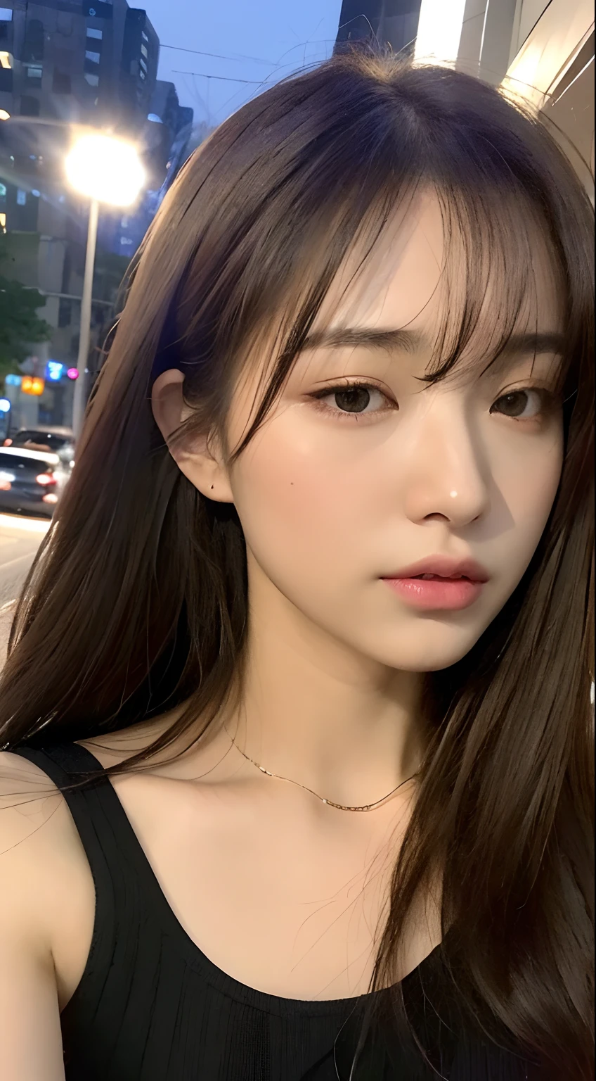 ((Realistic lighting, best qualtiy, 8k, tmasterpiece:1.3)), sharp fokus:1.2, 1girl, Beautiful Women with Perfect Figure:1.4, Slim abs:1.1, ((dark brown hair)), (White crop top:1.4),(exteriors,during night:1.1),the city street,Ultra-fine face,Fine eyes,二重まぶた,No eyes
