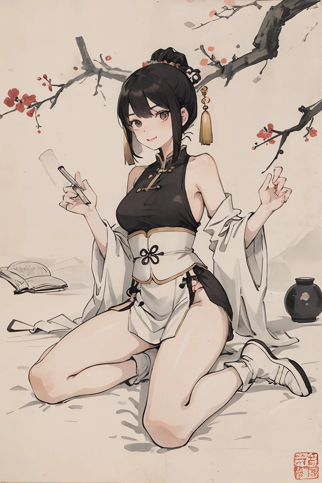 Tradition Chinese Ink Painting,Two small children,a young man and a woman ,Women's legs are forked,Male legs open,Have big breasts