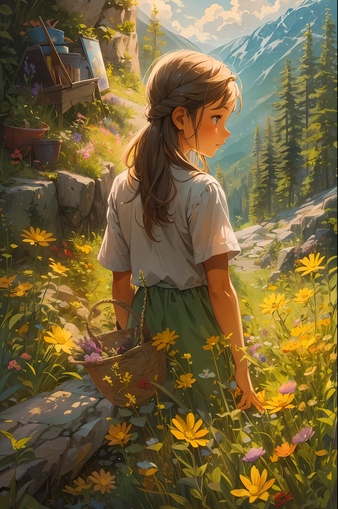 A girl troubled by love, healed by nature in the mountains while picking flowers. This painting is a beautiful poem that depicts the warm sunshine that fits in the great outdoors and the heart of a girl named Matilda in her adolescence.