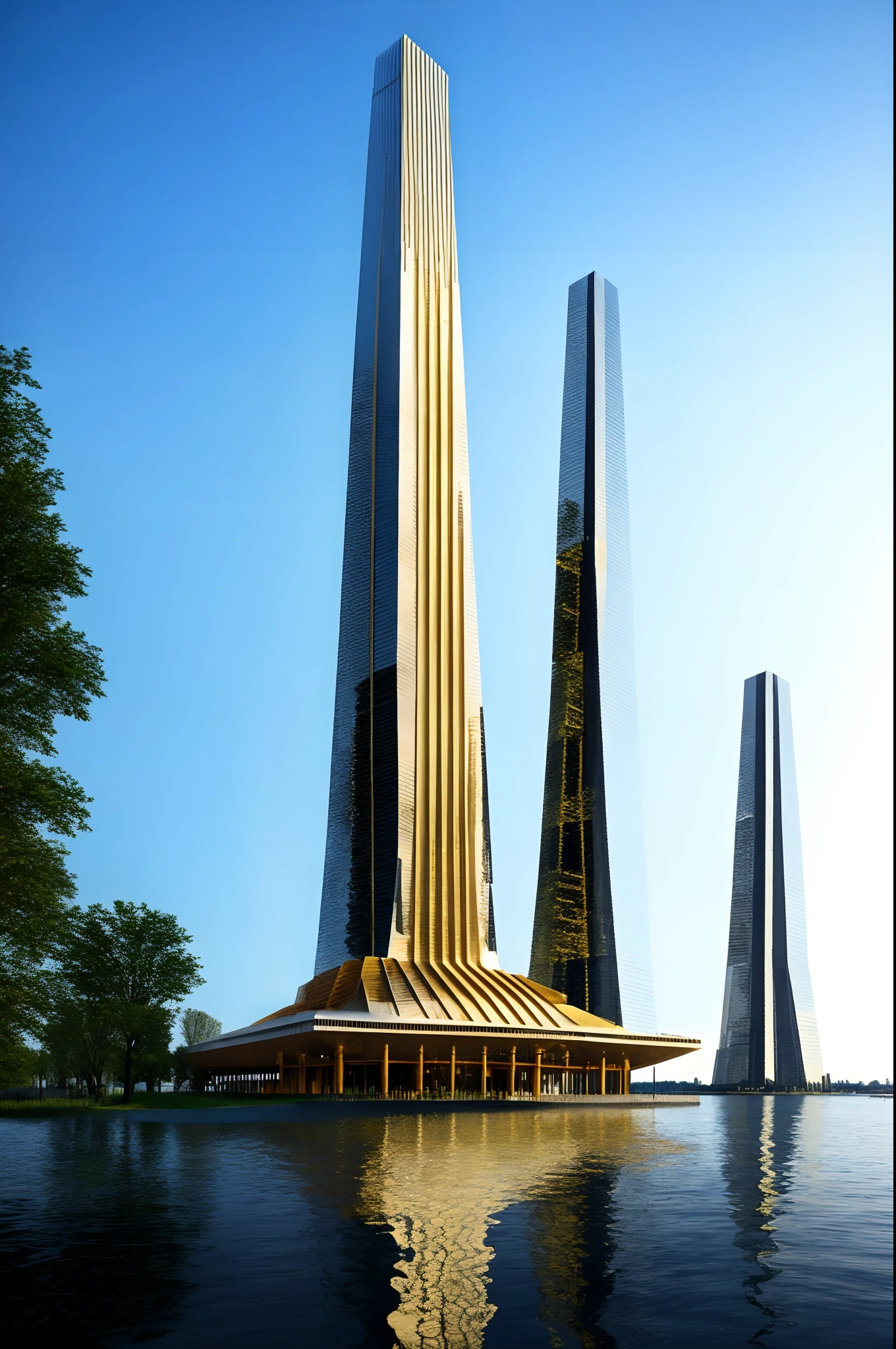 There is a tall tower in the middle of the lake，It is topped with a golden spire, futuristic tower, surreal sci fi architecture, futuristic architectural art, futuristic architecture concept, Inspired by Michal Karz, tall obsidian architecture, arhitectural shot, Realistic architecture, architecture render, inspirational architecture,