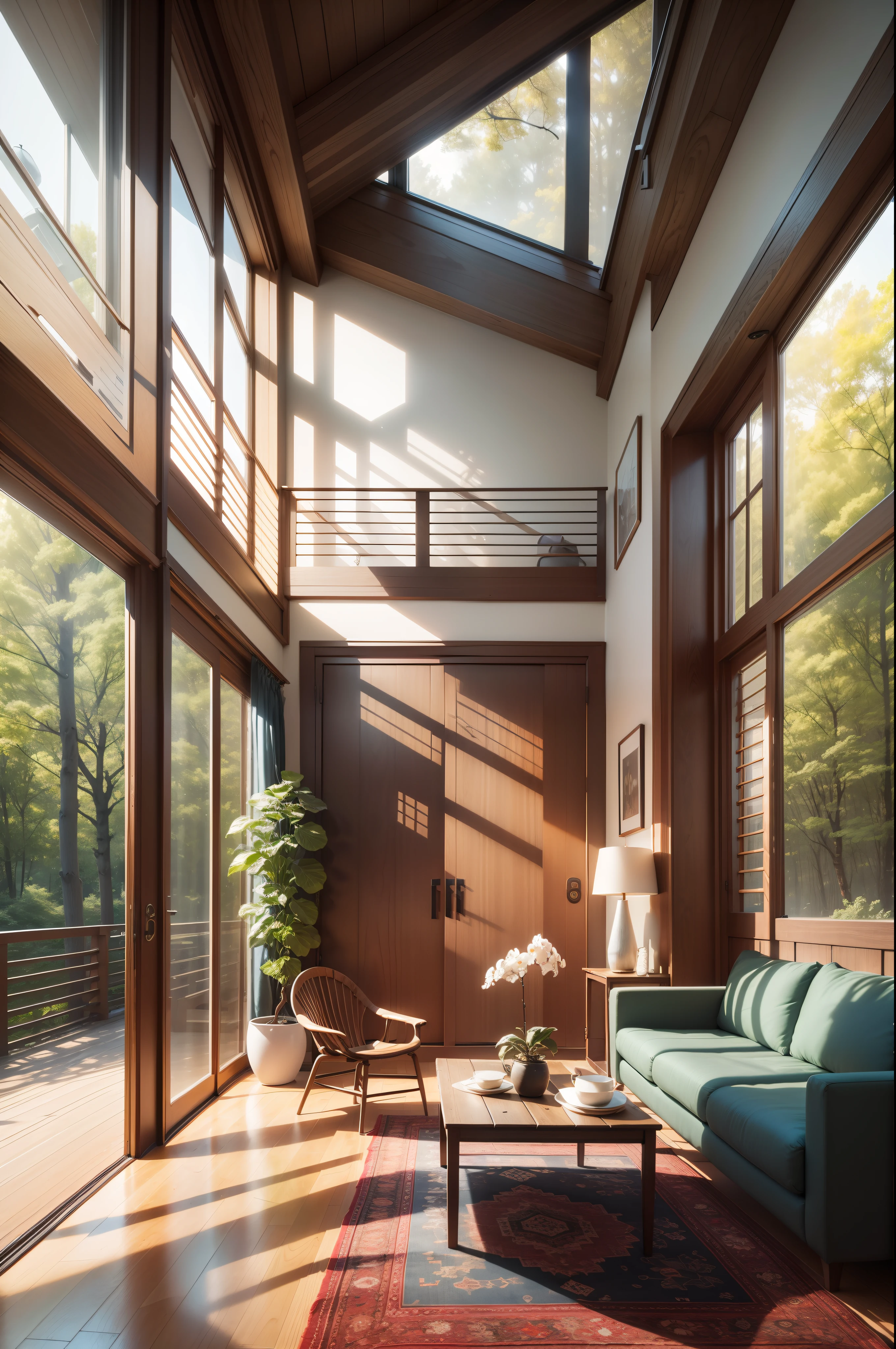 interior design、Insanely detailed wide-angle architectural photo、Cozy contemporary living room、(Bright and warm sunlight 1:0.1)、Award-winning contemporary interior design、landscapes、The table、a chair、in a house、Wooden flooring、window、resturant、east asian east asian architecture、sliding paper doors、abajour、architectural、the woods、naturey、cups、a plant、interior design、Insert lighting and shadows、depth of fields、low illuminance