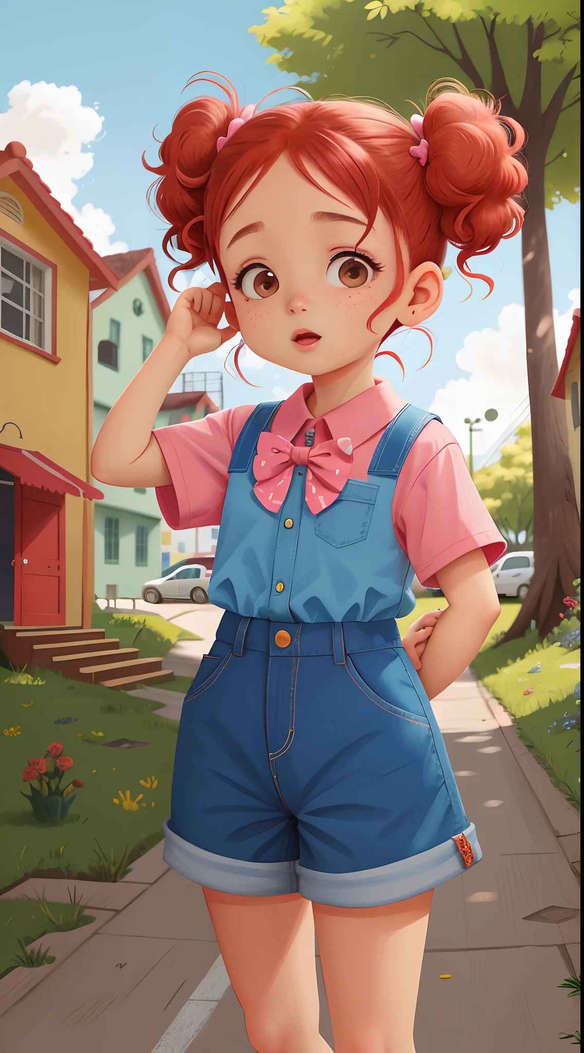Menina 9 anos.. personagem para capa de ebook infantil. Curly and red hair up to the shoulder. Bow on pink head. Olhos castanhos e grandes. pele branca. mesmo personagem. usando short azul escuro e blusa amarela. Meia branca e sapato preto. , Landscape at the back of a very large schoolyard with several school buses. She's outside, felizes, felizes, de qualidade perfeita, menina de costas, lateralmente, Attracted, lateralmente, lado a lado, fisionomia diferente da face. Foco claro .feliz, feliz, qualidade perfeita, foco claro (mess-house: 0.8), (obra-prima: 1.2) (realista: 1.2) (bokeh) (melhor qualidade) (pele detalhada: 1.3) (detalhes intrincados) (8K) (olhos de detalhe) (foco nítido), (feliz)