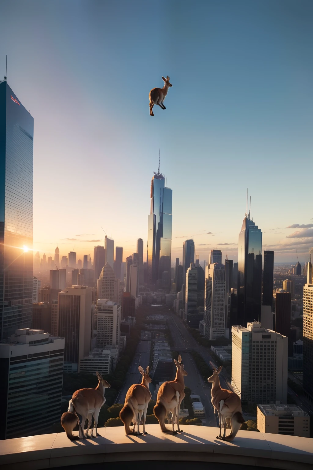 A large herd of 4 kangaroos standing on top of a tall building in the middle of Melbourne city looking around curiously, (((wide shot))), sunset in background, standing Kangaroos, skyscrapers, Melbourne city, (((Melbourne Cricket Ground))), (((Melbourne skyline))), buildings, city skyline, vibrant sky, (((subject: large herd of kangaroos standing on roof top of tall building))), cinematic, hyper realistic photo, 8k render, curious animals, overcast, (((herd of kangaroos))), rainbow in sky, MCG, candid photo, Aussie, city life, top view shot, numerous kangaroos