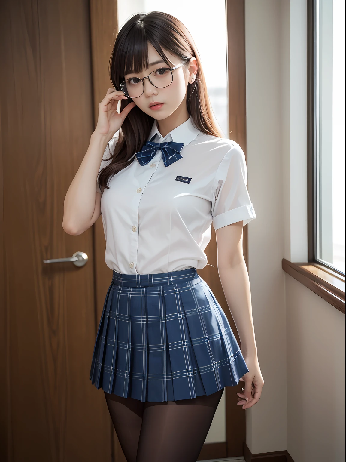 (8K、Raw photography、top-quality、masterpiece:1.2),bob cuts,glamor,Chromo-white skin,cocky,School,watching at viewers,Looking at the front,Muchimuchi,Erotic,Pupils,(Light blue bra seen through the shirt),de pele branca,kne,(Black pantyhose),absurderes,a small face,small tits,flat breast,Parting the bangs from the middle、Forehead visible,(a cold expression,Tight eyes,glares,Bullish,skinny,Rasping,irate)、masterpiece,top-quality、超A high resolution,Raw photo,ren,Beautiful fece,One Person, 独奏,eye glass,,Dark look,Small breasts,fullllbody,Round glasses,JK school uniform,hi-school girl,A Japanese Lady,is standing,(Photorealsitic:1.37)、Photon mapping,Realistic、Beautie,Cute little face,Brown-eyed、Black socks、(Red bow tie)、Radio City、Physically Based Rendering、depth of fields、Blurry background、a picture,Body,beauty legs, Long legs, Thin leg,(Bangs are visible), hair, s lips, Blue_The eye, nosesoft,(Light blue shirt), (Navy and blue and white plaid pleated skirt), Knees are visible,Sheer clothing,, Thigh, Black cotton socks,Nogizaka Idol, 女優, Japanese ido