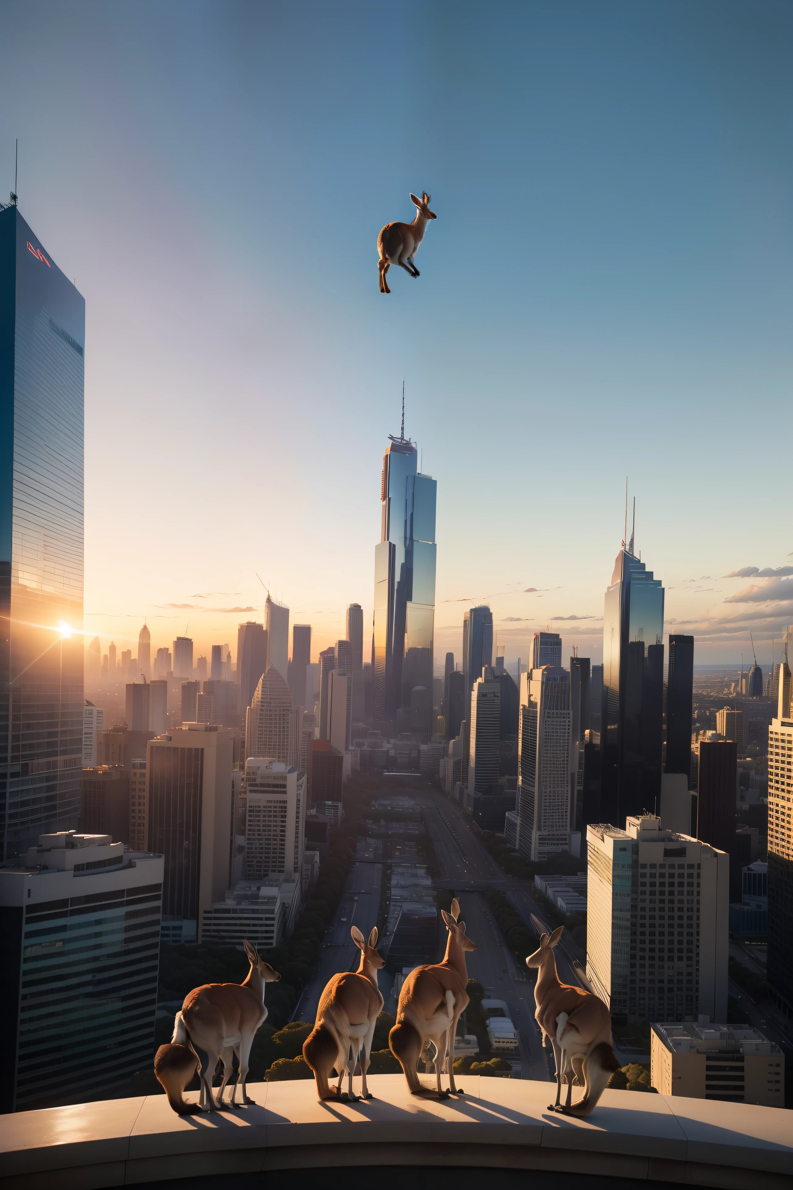 A large herd of 4 kangaroos standing on top of a tall building in the middle of Melbourne city looking around curiously, (((wide shot))), sunset in background, standing Kangaroos, skyscrapers, Melbourne city, (((Melbourne Cricket Ground))), (((Melbourne skyline))), buildings, city skyline, vibrant sky, (((subject: large herd of kangaroos standing on roof top of tall building))), cinematic, hyper realistic photo, 8k render, curious animals, overcast, (((herd of kangaroos))), rainbow in sky, MCG, candid photo, Aussie, city life, top view shot, numerous kangaroos