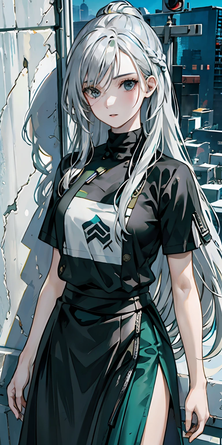 Upper body close-up, cyberpunk city, a girl standing in front of a wall with newspaper on the wall, silver hair, long hair, facial focus, black eyes, witty and beautiful facial features, green print t-shirt, apricot skirt, split long skirt, embroidery pattern, dynamic pose, HDR, detailed details, fashion, cinematic light, detailed clothing texture, game CG, bright art style, real shadows
