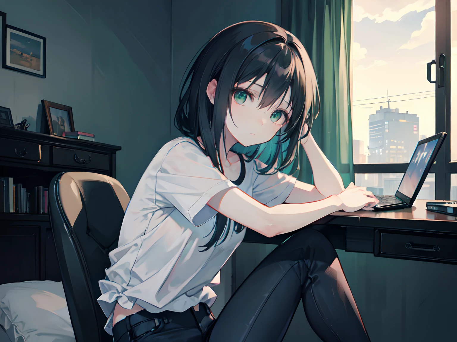 anime beautiful girl ,jet black short sharp hair,wearing plain black shirt, short black jeans, sitting in front of PC,both hand in keyboard and mouse playing pc game, in the bedroom. the bedroom is small, dark and gloomy, he has emerald green eyes, high res, ultrasharp, 8K, masterpiece,tired eyes, semi realistic,artwork in the style of guweiz, sharp eyes