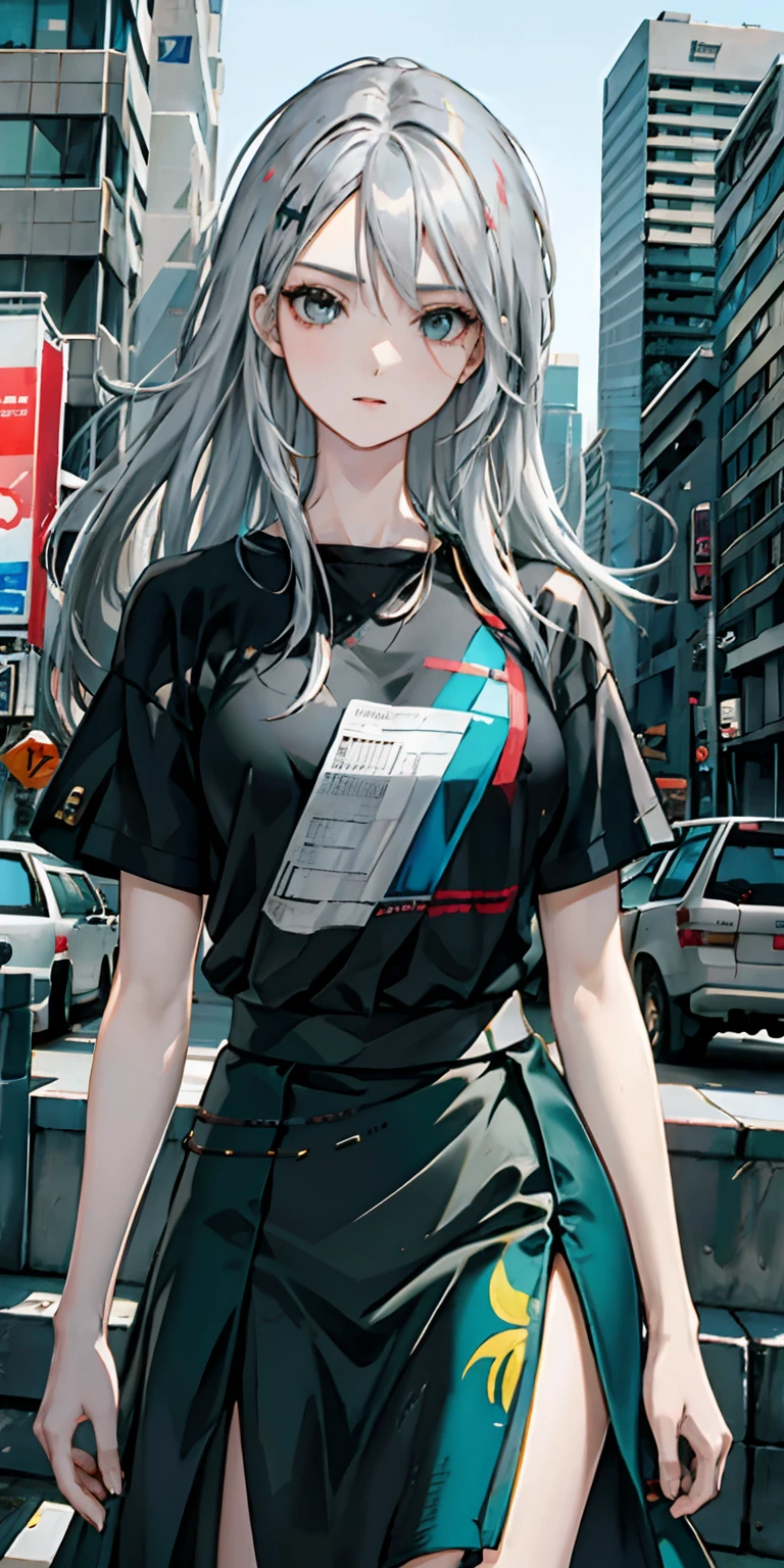 Upper body close-up, cyberpunk city, a girl standing in front of a wall with newspaper on the wall, silver hair, long hair, facial focus, black eyes, witty and beautiful facial features, green print t-shirt, apricot skirt, split long skirt, embroidery pattern, dynamic pose, HDR, detailed details, fashion, cinematic light, detailed clothing texture, game CG, bright art style, real shadows