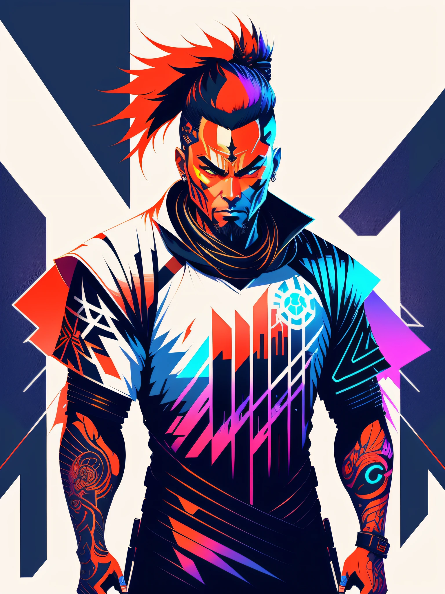 Ready to print t-shirt art vector colorful graffiti illustration of a futuristic cyberpunk Samurai, futuristic cyberpunk city background, realistic picture style, image on white background, centered