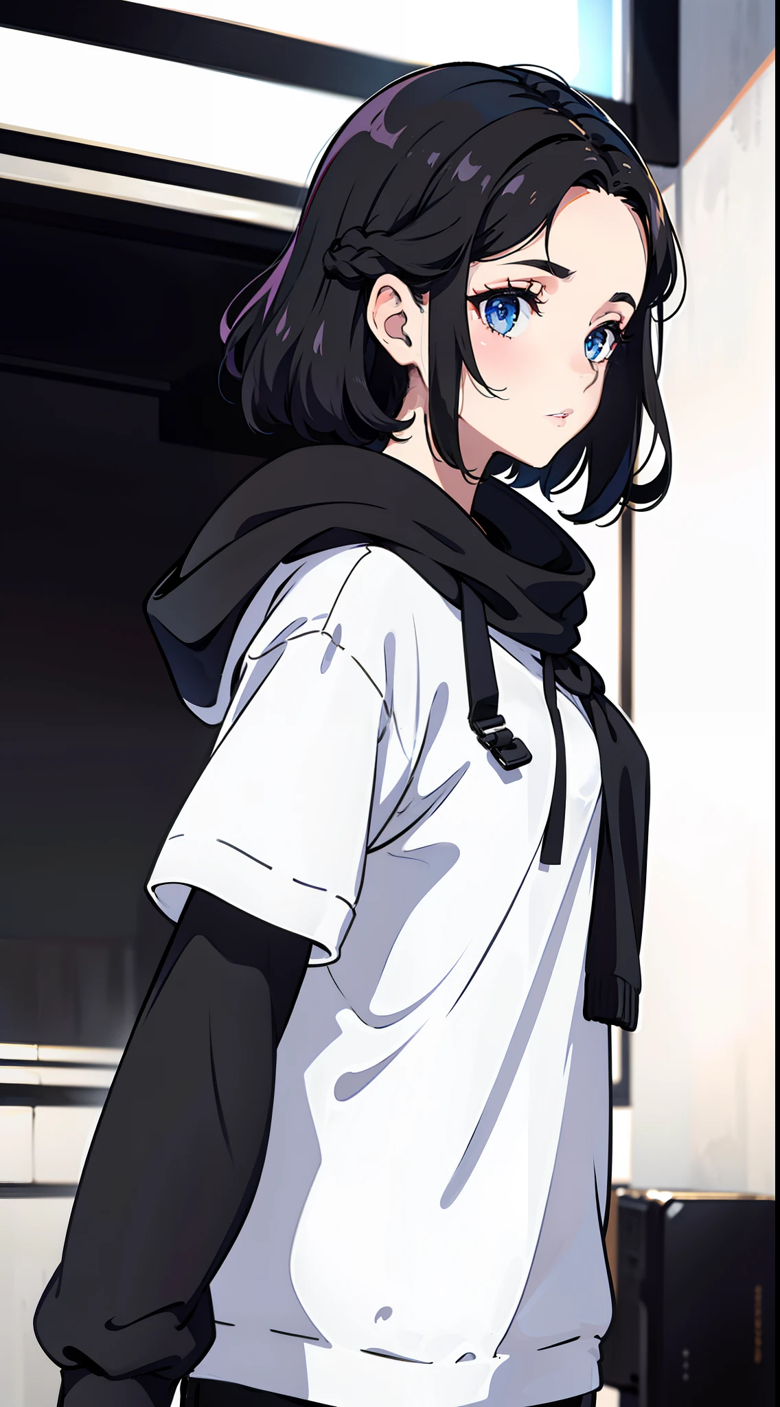Girl, side portrait, Black and white, Messy short hair, Avant-garde accessories,Sporty style, Casual T-shirt, Confident gaze, monochromatic color scheme, Looks to the side, Chic street fashion,((One guy)),(Long hair),A hood worn on his head, Head and neck shawl fabric,Thick and plump hair volume, Rich curls cover the forehead and ears