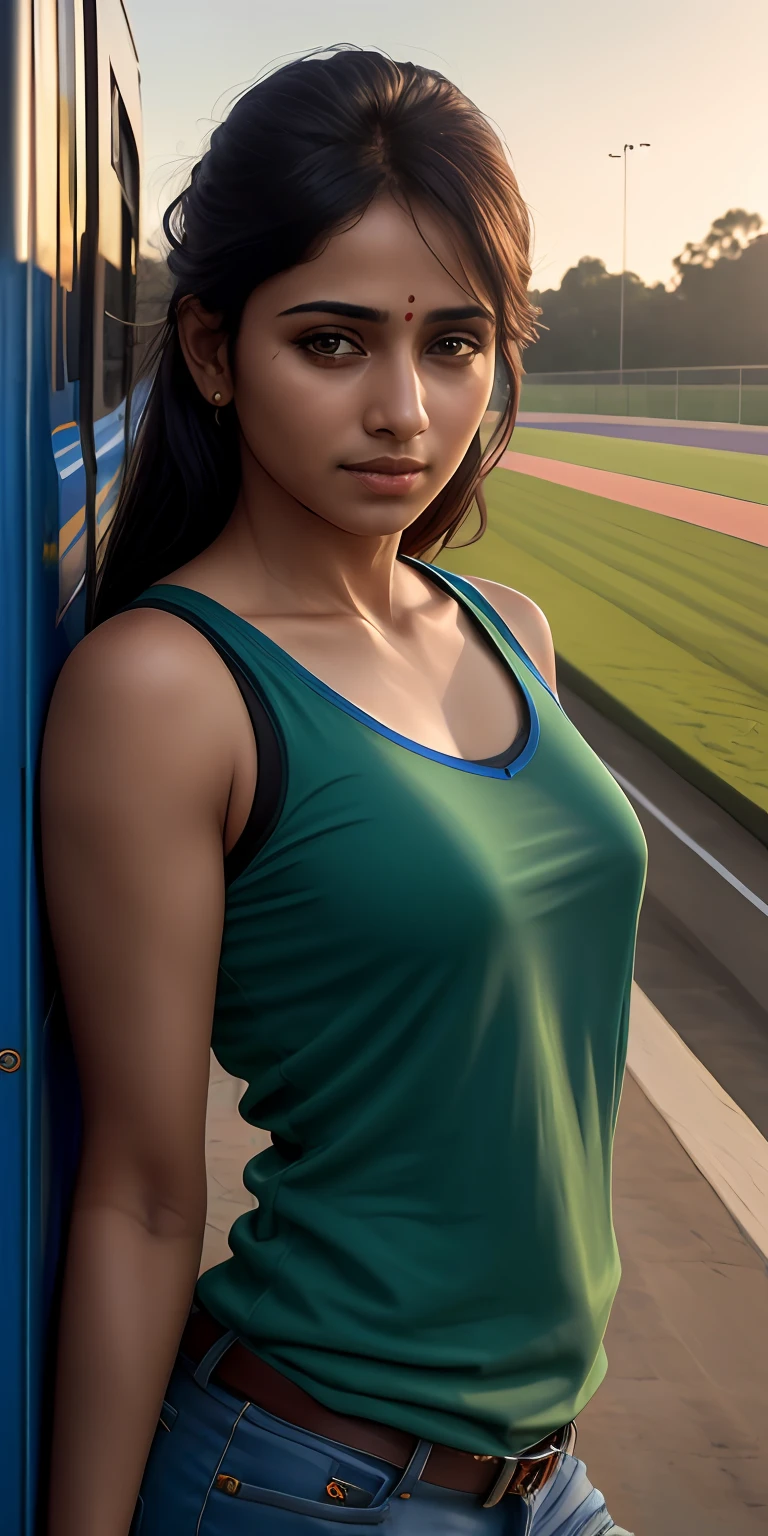 Beautiful mature Indian college girl, truck attire, outside the track field, ((slim, petite)), photorealistic, photography, masterpiece, realistic, realism, photorealism, photorealism, high contrast, photorealistic digital art 8k HD high definition and detailed realistic in art station, detail, skin texture, ultra detail, Realistic skin texture, armature, top quality, ultra high definition, (photorealism:1.4),, high resolution, detail, raw photo, sharp re, nikon d850 by Lee Jefferies Film Stock Photo 4 Kodak Portra 400 Camera f1.6 lens Rich colors Hyper Realistic Vibrant textures Dramatic lighting Unreal Engine ArtStation Trends Cinestir 800,