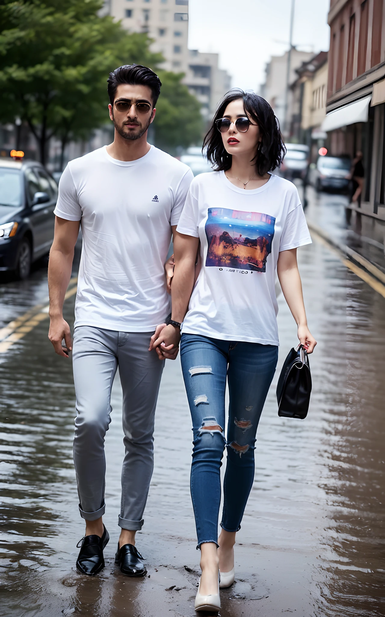 (RAW photo, best quality, highest quality, masterpiece:1.2), (realistic, photo-realistic:1.37), ultra high res, Tirkish couple (1 man 36 year's old 1 girl 30 year's old, Tirkish handsome:2.0), (summer night:1.3), ( both wearing couple White round neck plain Tee-shirt, regular fit baggy white Tee-shirt, grey bottom fold regular fit lose jeans:1.3), (standing on a street, wet wide road:1.4), high rise buildings, traffic, cars, yellow cabs behind, rainy weather, headlights, walking style, rainy atmosphere, full body, Red Oxford shoes, model style Posing, carrying shoulder leather laptop bag, (focus face:1.3), (high contrast:1.1), (detailed background:1.3), dynamic pose, intricate detail, delicate pattern, (vibrant, colorful:1.3), (high sharpness), middle eastern guy, fashion posing, short black hairstyle, plain regular fit lose Tee-shirt no printing on Teeshirt, light bearded, Turkish boy in walking style, wearing Ray-Ban dark sunglasses, girlfriend wearing white baggy tee-shirt, short sleeves basic Teeshirt, skinny ankle fit jeans with high heels, black wavy hairstyle.