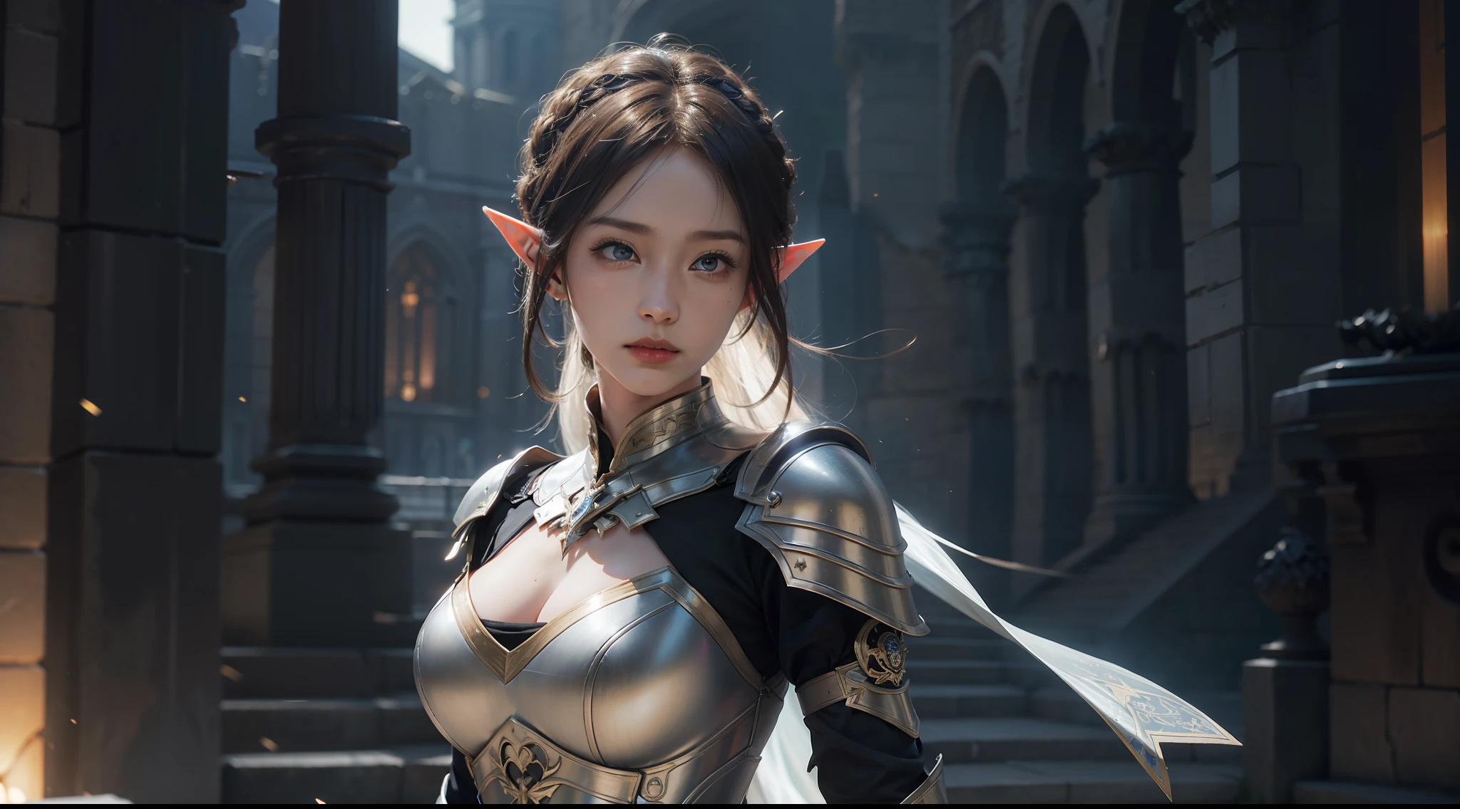 ((best qualtiy)), ((tmasterpiece)), ((Realistis)), (A detailed), (realisticlying:1.5),illusory engine, (High detail: 1.9),(femele:1.4),(big breasts beautiful: 1.4),(carismatic:1.3), (Large breasts), Female elf,beuaty girl,Exquisite armor,beauitful face, looking at viewert, dynamicposes, The background is the castle,hdr, Ray traching, NVIDIA RTX, Hyper-Resolution, Unreal 5, sub surface scattering, PBR textures, Post-processing, Anisotropic filtering, depth of fields, Maximum clarity and sharpness, trichotomy,8K original,(Luminous Particle:1.4),(VerydetailedCG,Unity 8k壁纸,cinmatic lighting,lens flare glow),Reflectors,Sharp focus,(((Glowing sword:1.8)))