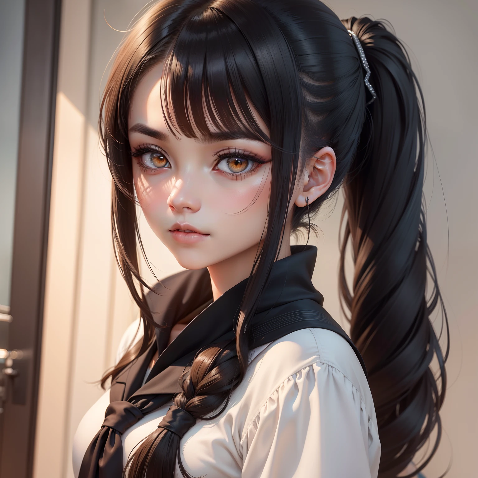femele,Feeling cold,The eyes are melancholy,Deep amber eyes,High ponytail+figure eight bangs,cabelos preto e longos,in school uniform,Conservative style,Half-body close-up,Plain makeup,Good student image,Not wearing glasses,No earrings、gyuru。