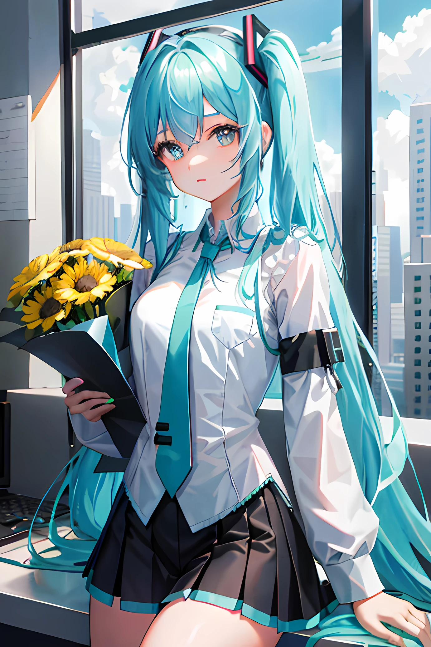 Hatsune miku, 1girl, solo, ((camisa blanca)), muslos negros, pechos, escote, uniforme, fondo de oficina, falda negra, falda plisada, oficina, cabello entre ojos, ojos azules, pupilas de flores, pechos medianos, cabello largo, mirando al espectador, cabello azul, short nails azuless, solo, muslos, muslos, cabello muy largo, ((obra maestra)), sentado, silla, escritorio, computadora en el escritorio, etiqueta de nombre, id tag, interior, rubor, pose sexy, ((cola gemela larga)),