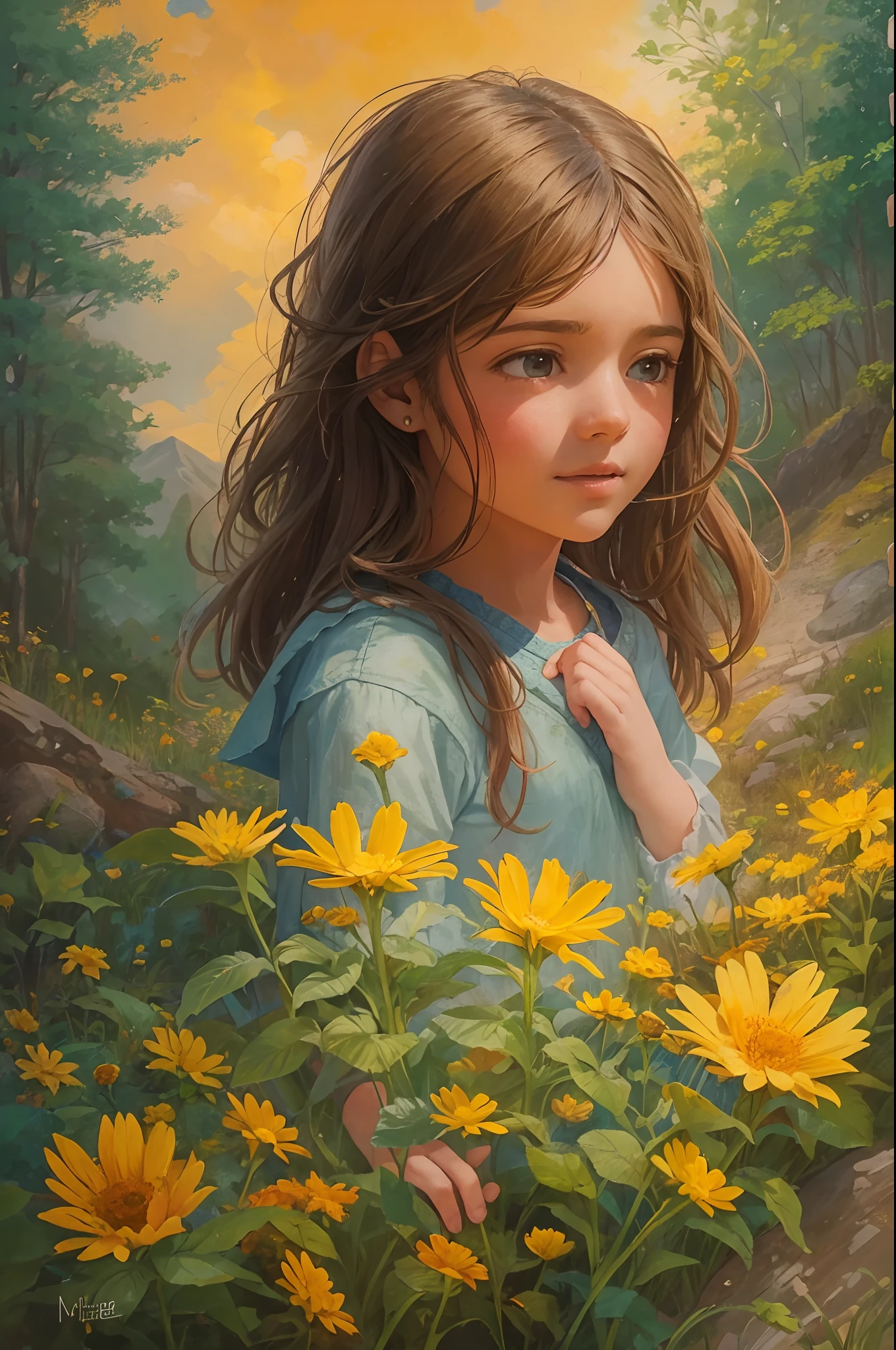 A girl troubled by love, healed by nature in the mountains while picking flowers. This painting is a beautiful poem that depicts the warm sunshine that fits in the great outdoors and the heart of a girl named Matilda in her adolescence.