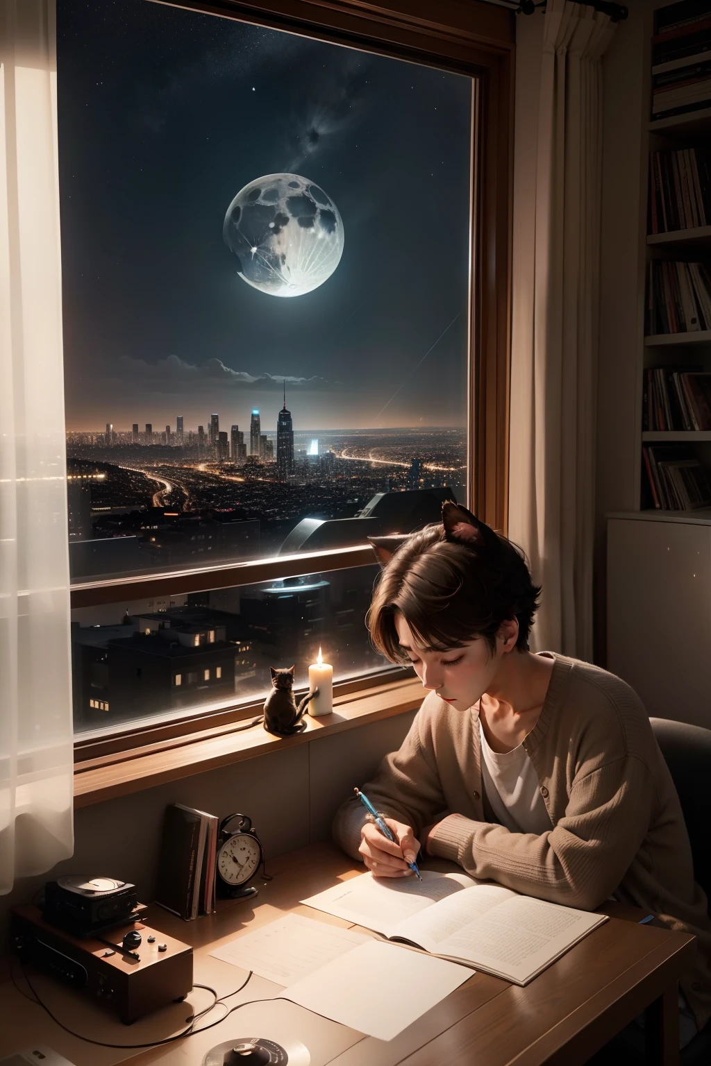 Studying、Run the pen、relax、Listening to music、Record player on the edge、Stylish space、1人、femele、short-cut、spotless、Brown hair、Study、Night city、Moon and stars from the window、The cat is sleeping、chill