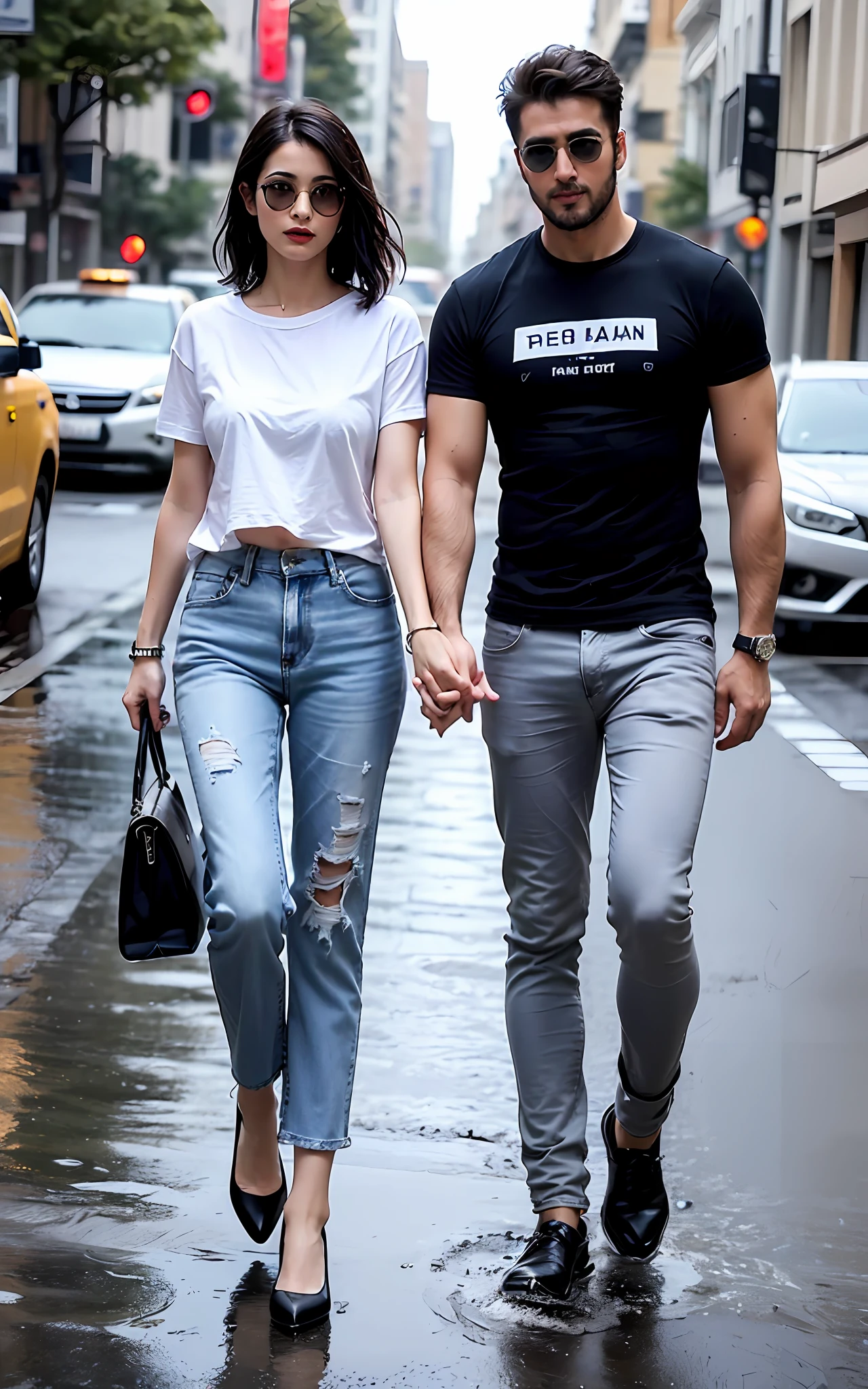 (RAW photo, best quality, highest quality, masterpiece:1.2), (realistic, photo-realistic:1.37), ultra high res, Tirkish couple (1 man 36 year's old 1 girl 30 year's old, Tirkish handsome:2.0), (summer night:1.3), ( both wearing couple White round neck plain Tee-shirt, regular fit baggy white Tee-shirt, grey bottom fold regular fit lose jeans:1.3), (standing on a street, wet wide road:1.4), high rise buildings, traffic, cars, yellow cabs behind, rainy weather, headlights, walking style, rainy atmosphere, full body, Red Oxford shoes, model style Posing, carrying shoulder leather laptop bag, (focus face:1.3), (high contrast:1.1), (detailed background:1.3), dynamic pose, intricate detail, delicate pattern, (vibrant, colorful:1.3), (high sharpness), middle eastern guy, fashion posing, short black hairstyle, plain regular fit lose Tee-shirt no printing on Teeshirt, light bearded, Turkish boy in walking style, wearing Ray-Ban dark sunglasses, girlfriend wearing white baggy tee-shirt, short sleeves basic Teeshirt, skinny ankle fit jeans with high heels, black wavy hairstyle.