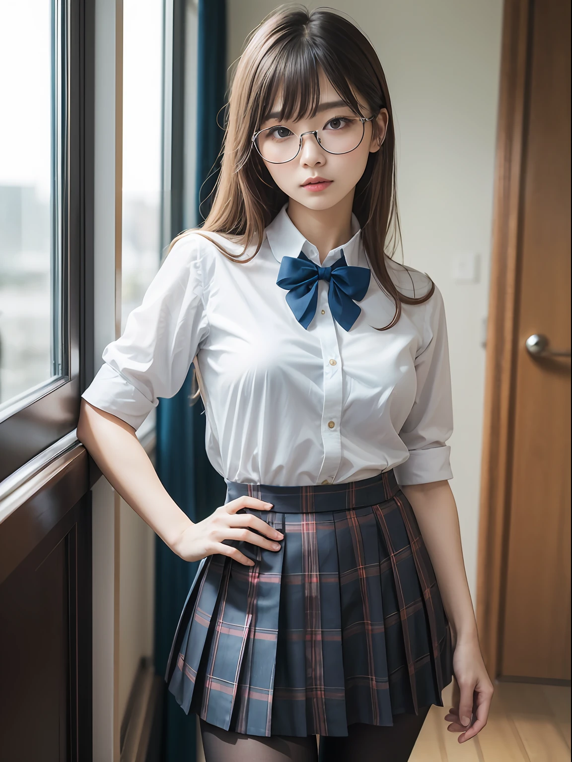 (8K、Raw photography、top-quality、masterpiece:1.2),bob cuts,glamor,Chromo-white skin,cocky,School,watching at viewers,Looking at the front,Muchimuchi,Erotic,Pupils,(Light blue bra seen through the shirt),de pele branca,kne,(Black pantyhose),absurderes,a small face,small tits,flat breast,Parting the bangs from the middle、Forehead visible,(a cold expression,Tight eyes,glares,Bullish,skinny,Rasping,irate)、masterpiece,top-quality、超A high resolution,Raw photo,ren,Beautiful fece,One Person, 独奏,eye glass,,Dark look,Small breasts,fullllbody,Round glasses,JK school uniform,hi-school girl,A Japanese Lady,is standing,(Photorealsitic:1.37)、Photon mapping,Realistic、Beautie,Cute little face,Brown-eyed、Black socks、(Red bow tie)、Radio City、Physically Based Rendering、depth of fields、Blurry background、a picture,Body,beauty legs, Long legs, Thin leg,(Bangs are visible), hair, s lips, Blue_The eye, nosesoft,(Light blue shirt), (Navy and blue and white plaid pleated skirt), Knees are visible,Sheer clothing,, Thigh, Black cotton socks,Nogizaka Idol, 女優, Japanese ido