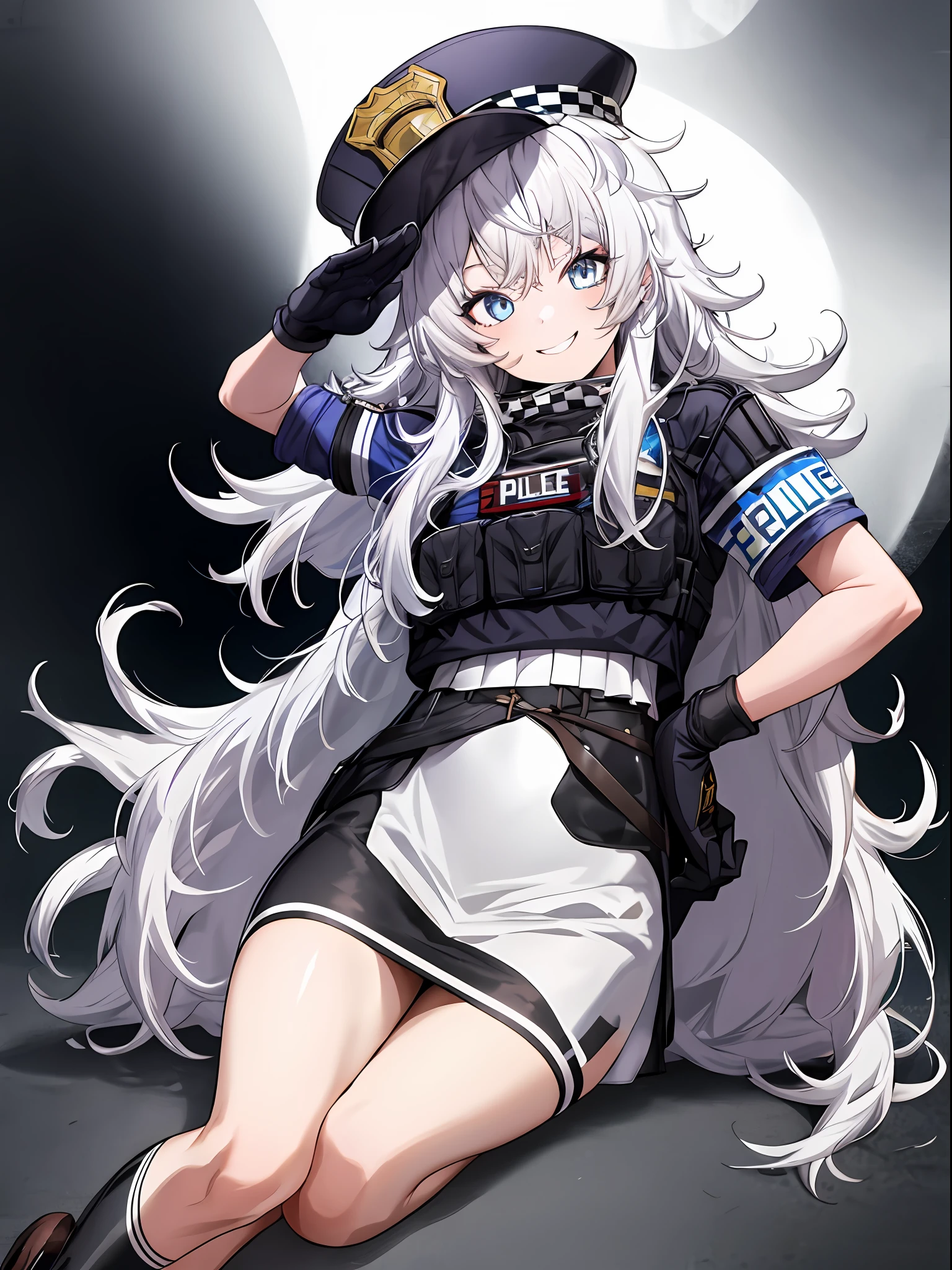 masutepiece, Best Quality, hight resolution, 1girl in, Solo, Long hair, hat, Blue eyes, White hair, hair messy, Black Gloves, White socks, Police Uniform, Black skirt, Short sleeves, Cowboy Shot, Salute, put hands on the hip,ssmile,