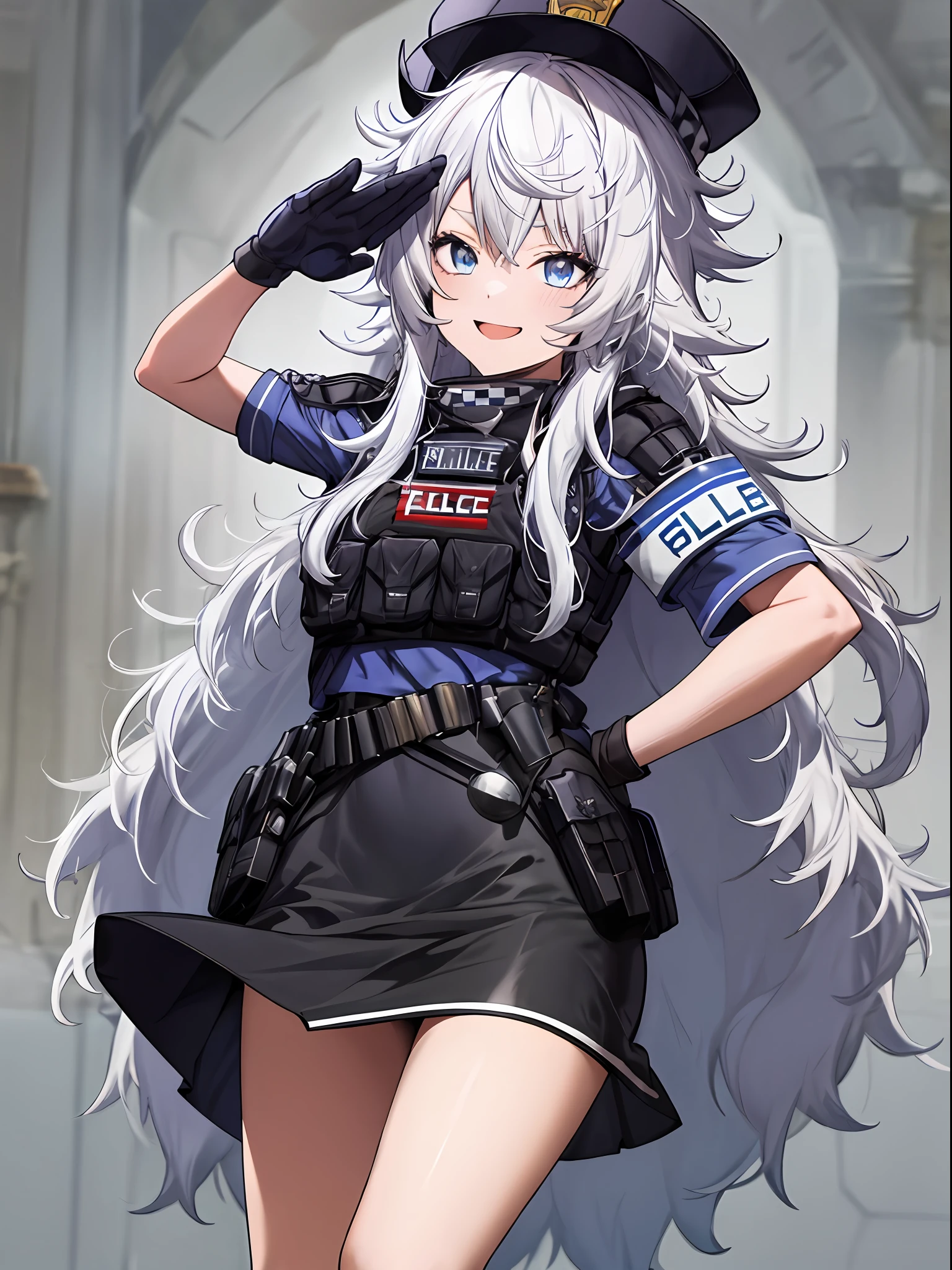 masutepiece, Best Quality, hight resolution, 1girl in, Solo, Long hair, hat, Blue eyes, White hair, hair messy, Black Gloves, White socks, Police Uniform, Black skirt, Short sleeves, Cowboy Shot, Salute, put hands on the hip,ssmile,