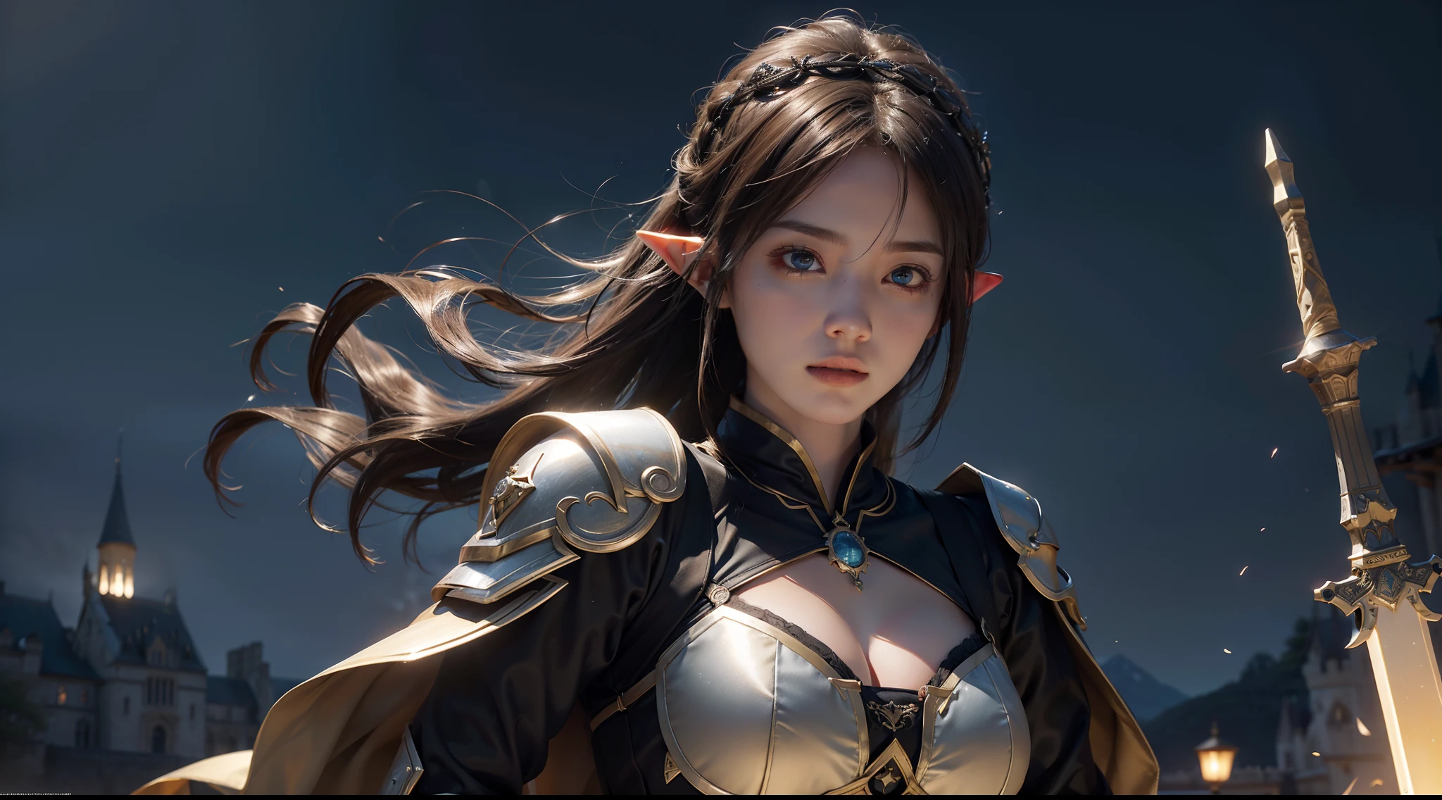 （（best qualtiy））， （（tmasterpiece））， （（Realistis））， （A detailed）， （realisticlying：1.5），illusory engine， (High detail: 1.9)，（femele：1.4），（big breasts beautiful： 1.4),(carismatic:1.3)， （Large breasts）， Female elf，beuaty girl，Exquisite armor，beauitful face， looking at viewert， dynamicposes， The background is the castle，hdr， Ray traching， NVIDIA RTX， Hyper-Resolution， Unreal 5， sub surface scattering， PBR textures， Post-processing， Anisotropic filtering， depth of fields， Maximum clarity and sharpness， trichotomy，8K original，（Luminous Particle：1.4），（VerydetailedCG，Unity 8k壁纸，cinmatic lighting，lens flare glow），Reflectors，Sharp focus，（（（Glowing sword：1.8）））
