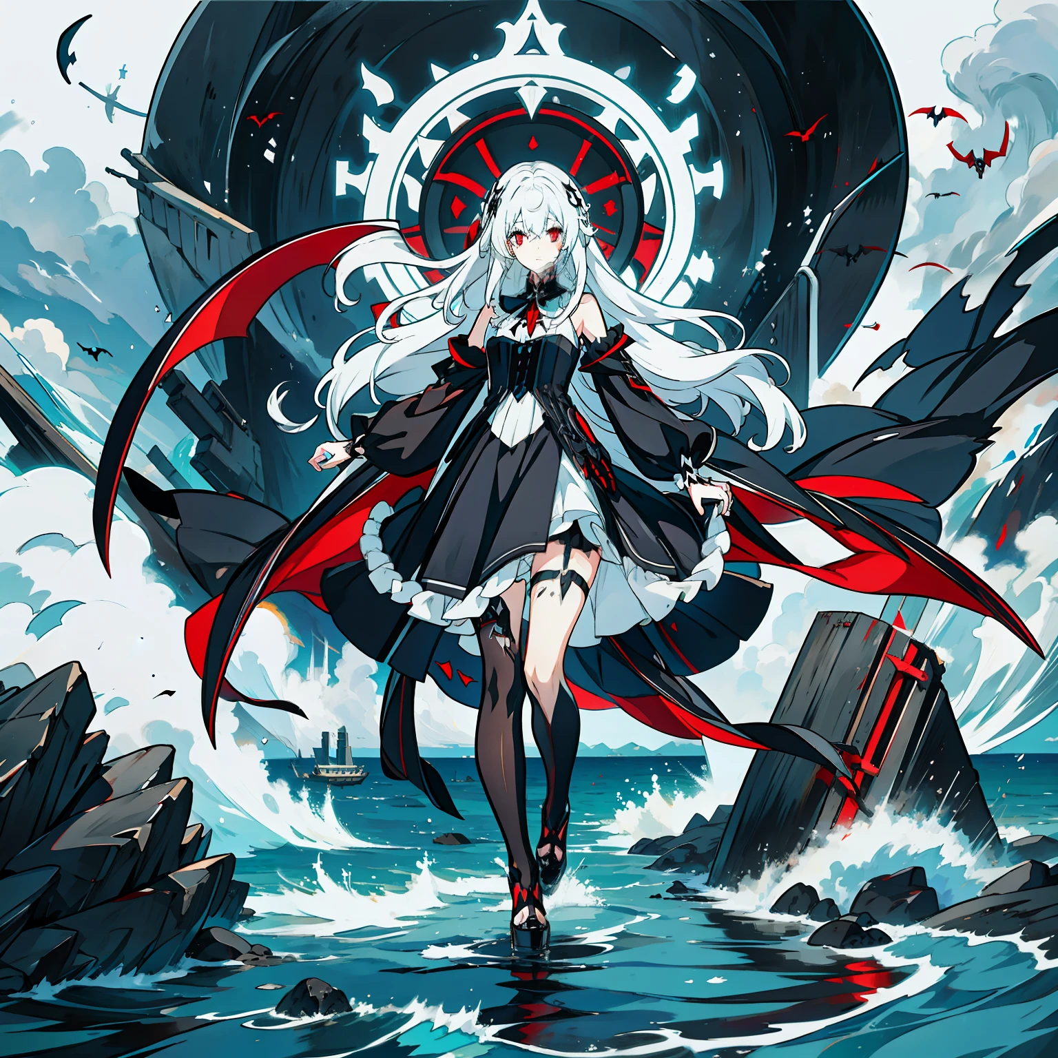 White color hair，goth style，Black shoes，black lence stockings，black long dress，Full body skirt，Heteropupil，Left Blue Right Red，Vampires，Single girl anime full body，standing on the sea side，Lovely wind