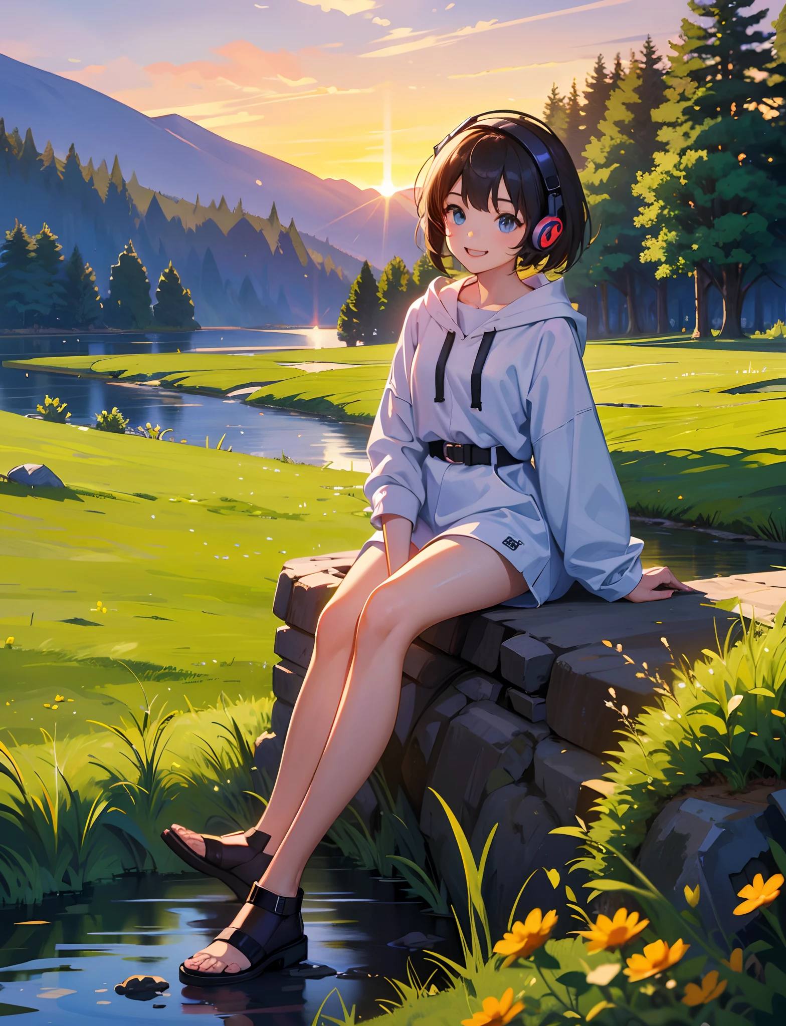 A happy ***********，Dressed in casual attire，Bring headphones，Sit on the rocks of the meadow，The background is the village，Sunset and sunset，Face the camera，Full body photo，Ultra-high definition