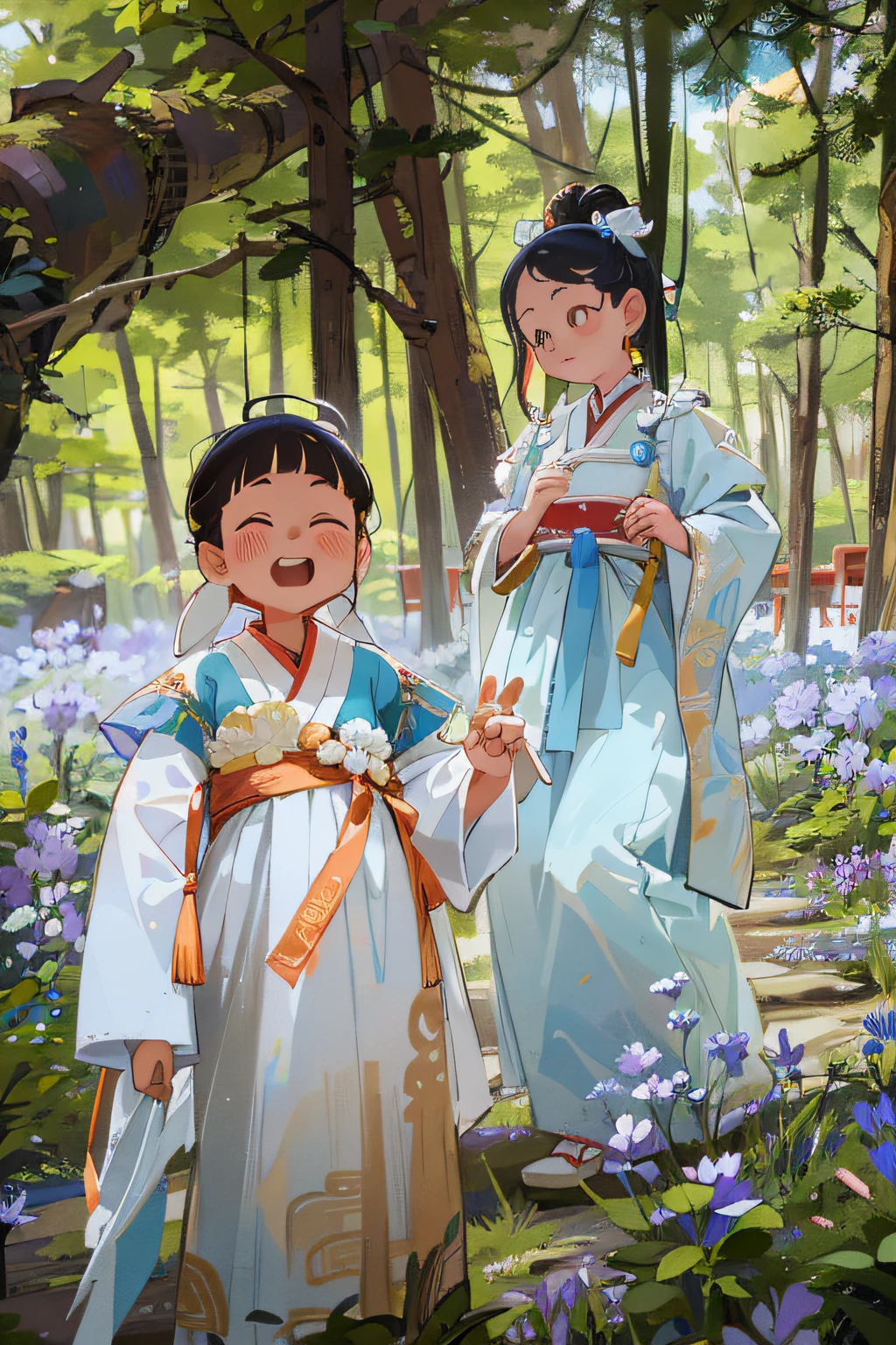 Two young girls dressed in traditional Korean costumes walk through the woods, Hanfu, Palace , A girl in Hanfu, Traditional Chinese clothing, Wearing ancient Chinese clothes, White Hanfu, Hanbok, Chinese costume, Children, korean hanbok, Tang dynasty, with acient chinese clothes, Innocence, Chinese dress, wearing ornate silk clothes, Ancient sword