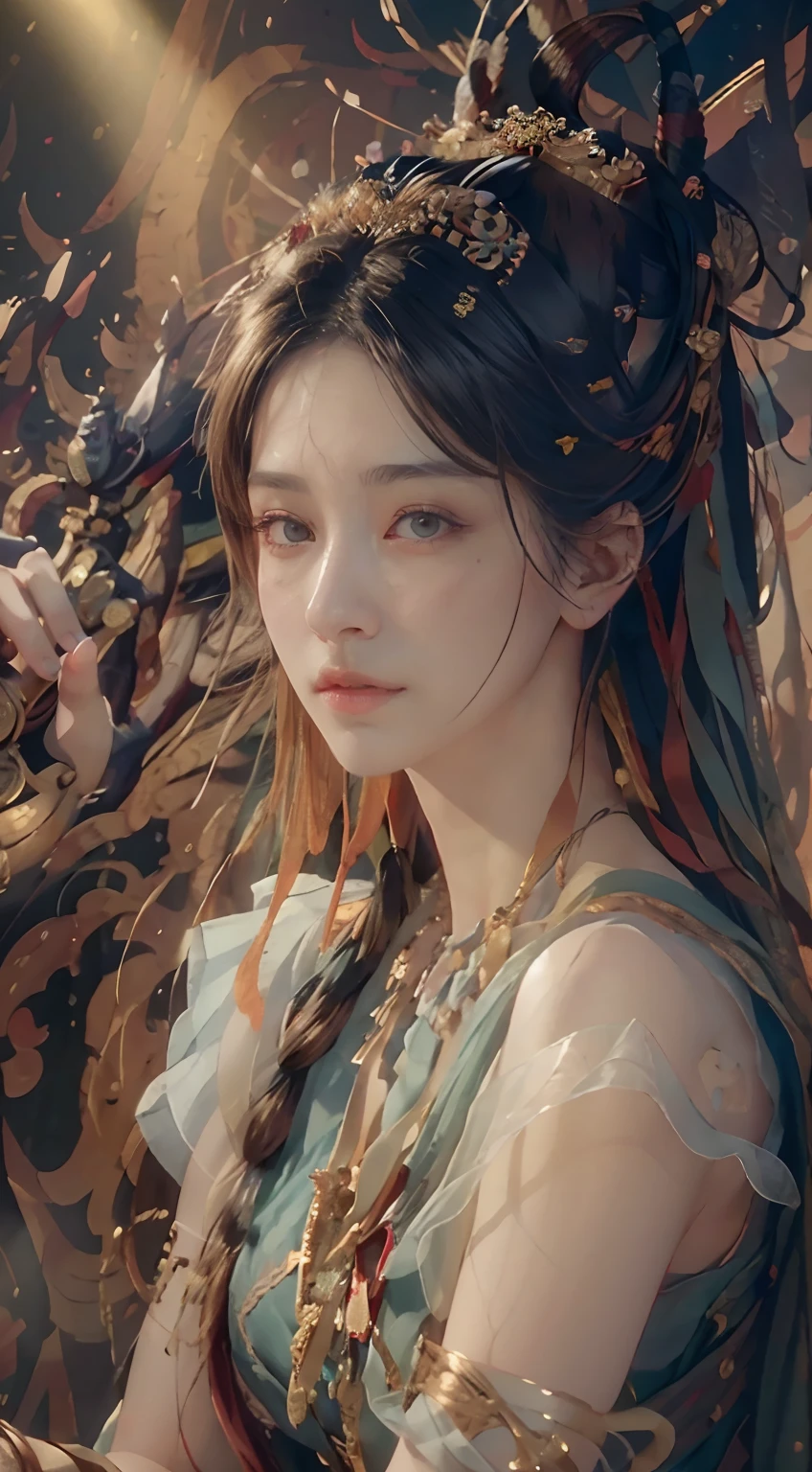 (RAW photo, best quality), (realistic, photo-realistic:1.3),best quality,highly detailed,masterpiece,ultra-detailed,illustration,1girl,upper_body,dynamic angle,world masterpiece theater,messy_long_hair,best quality,extremely detailed CG unity 8k wallpaper,ink,Amazing,cinematic lighting,lens_flare,,dunhuang_style