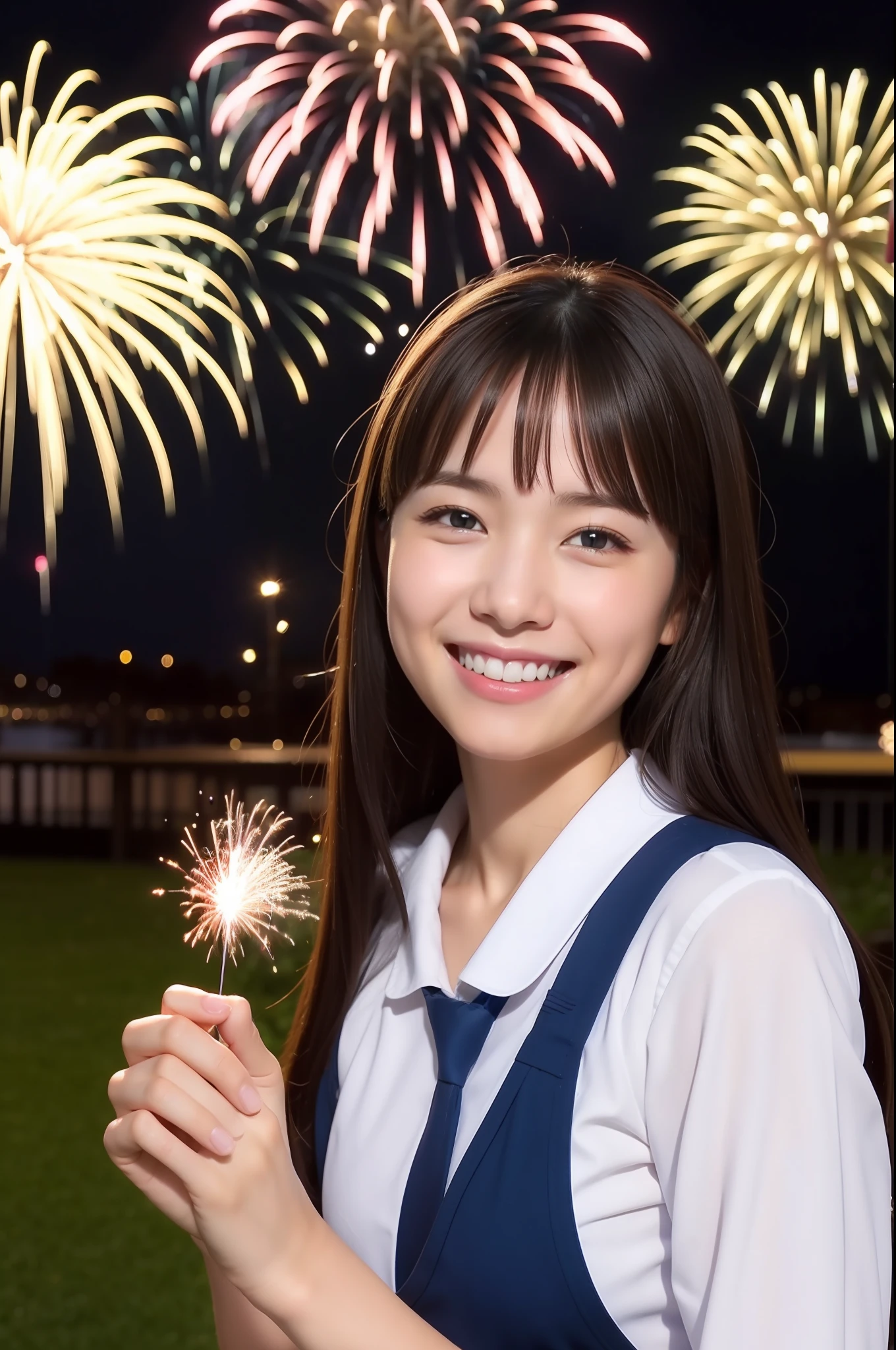 A smile、hi-school girl、While doing fireworks