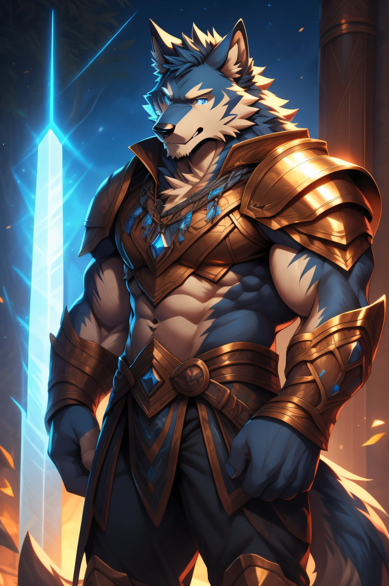 Two-dimensional wolf orcs，An adult wolf，Wolf standard stature，The highest appearance，Highest image quality，blue color eyes，Look to the right，Two-dimensional wolf orcs，Tiger Tooth，best qualtiy，tmasterpiece，Textured skin，romanticism lain，Cinematic lighting effects，Ray traching，Beautiful pupils，Diamond-shaped pupils，Light smile，a sword, Silas, Extremely detailed Artgerm, caleb from critical role, commission for high resolution, warwick saint, Artgerm on ArtStation Pixiv, nasus, casimir art, trends in art station, raziel irl, djinn human hybrid，Wear knightly armor，