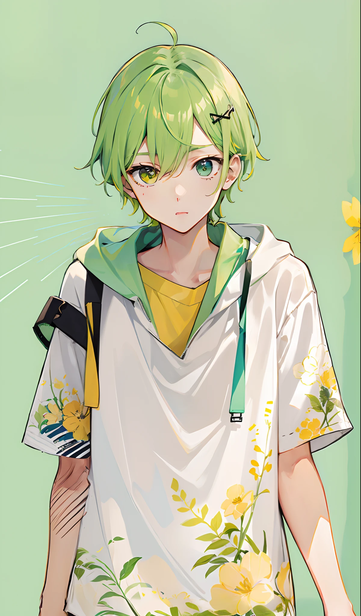 Boy with yellow-green hair、Yellow flowers on a white hoodie、Black shorts