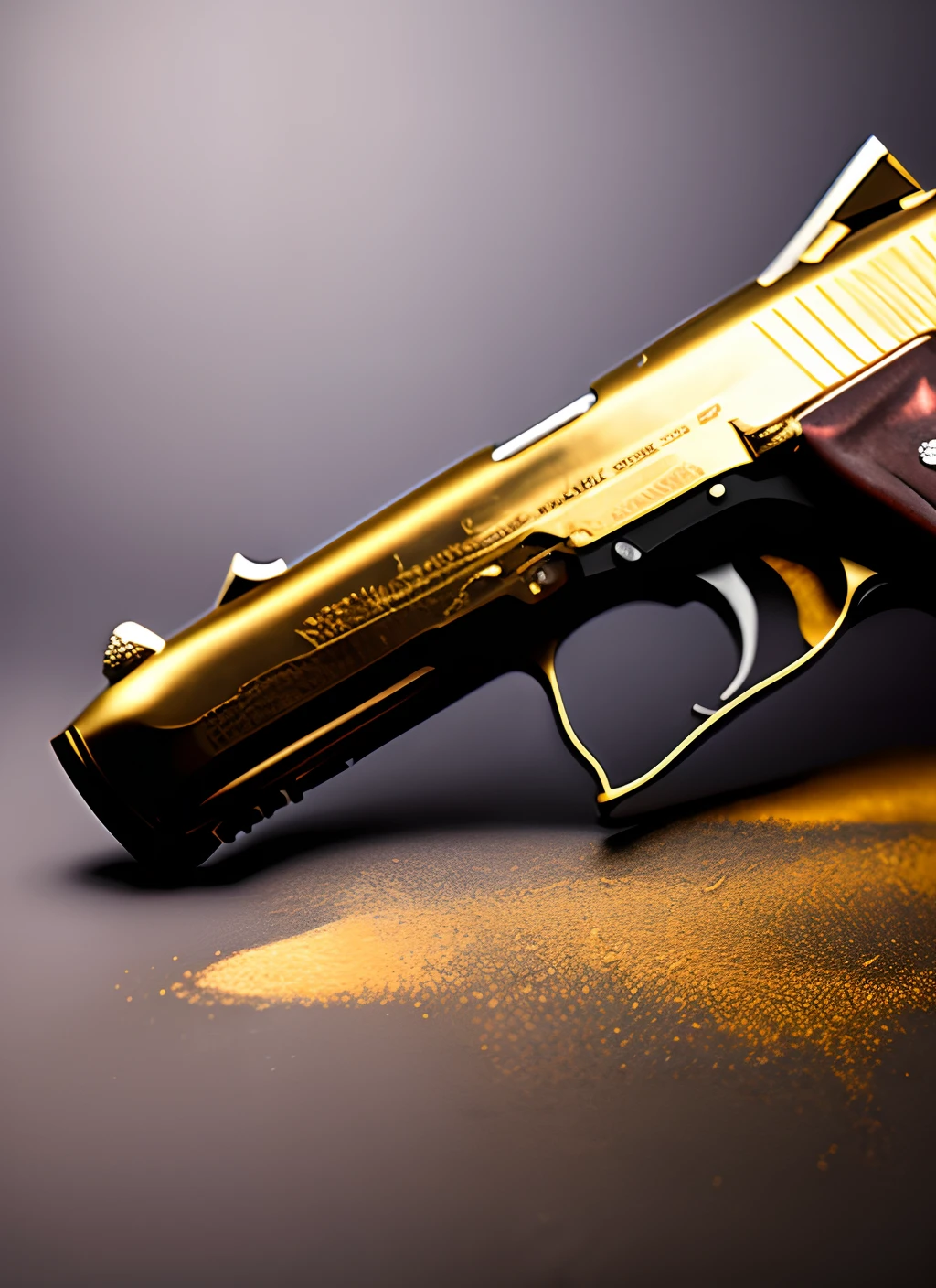 Golden pistol  with blood stain on it Infront of a black background studio setup