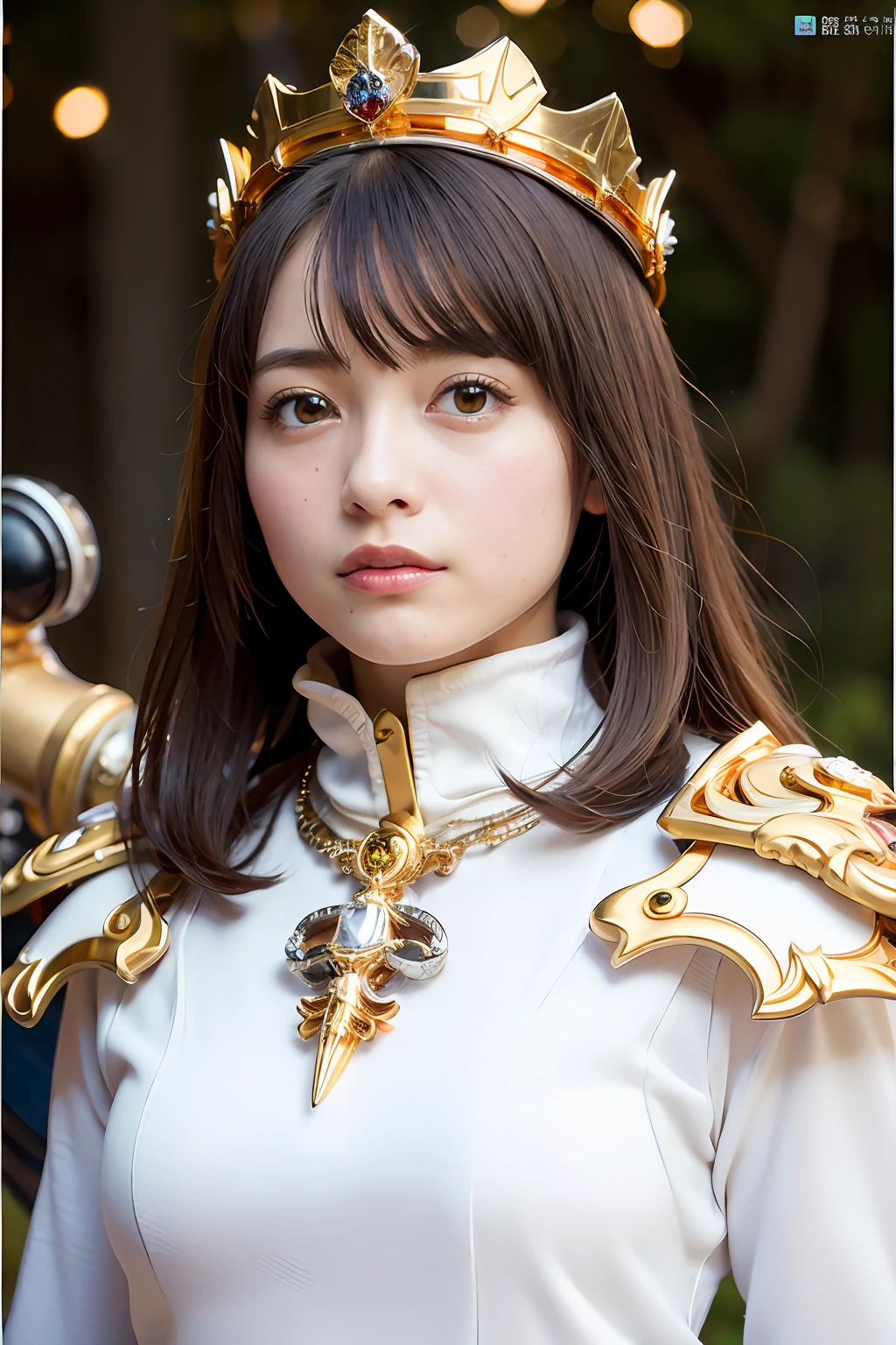 (masutepiece), Professional , ​masterpiece、top-quality、photos realistic , depth of fields （Gemstone Silver Metal Body:1.９),(Matte White、Particles of light、 Gold Weapon（Metal:1.４),Gorgeous metal weapons , Detailed Sword of the Brave , Beautiful knife   ,warhammer 40k , adepta sororitas,Detail and ornate jewel crown、Brown hair、Gangle's forest background、Beautiful Caucasian beauty、１a person、dynamic ungle,(((Detailed and ornate diamond crown)))、Particles of light、
