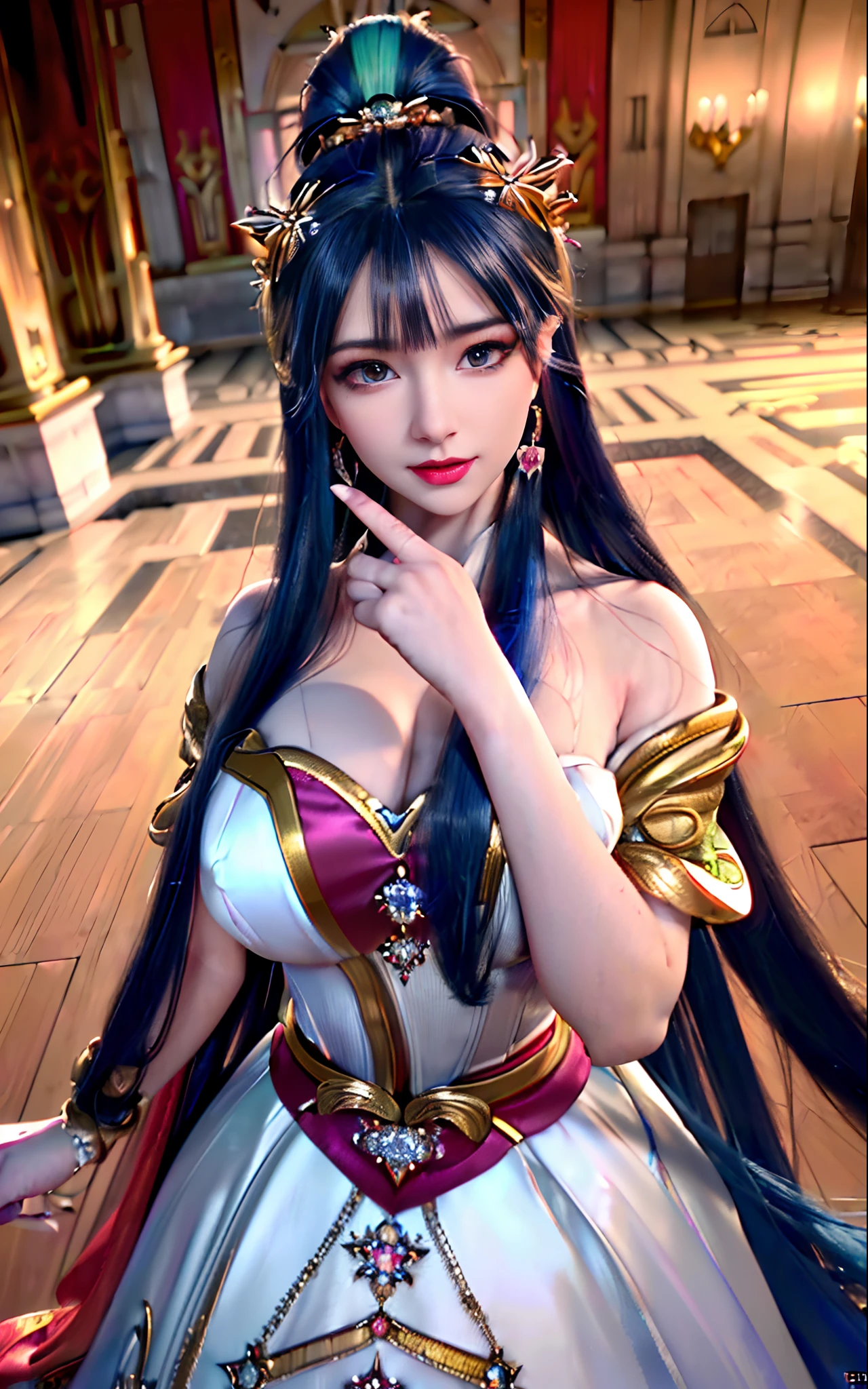 ((realisticity: 1.2)), ((realistic: 8K UHD)), ((best resolution: 8K UHD)), hyper detailed, best quality,masterpiece,highres,cg, ((1 girl hyper detailed and hyper realistic) ) , ((beautiful queen, hyper realistic and hyper detailed)),((white skin, beautiful, smooth, youthful, hyper realistic and hyper detailed )), ((Face hyper beautiful, white, hyper realistic and hyper detailed ) ), long hair, ((hyper realistic and hyper detailed dress)), solo, ((hyper realistic, hyper beautiful, beautiful and hyper detailed jewelry)), ((hyper beautiful deep red and golden yellow dress, hyper realistic and hyper detailed )) , ((Her pretty, hyper realistic, hyper detailed diamond filled earrings)), ((Her gorgeous diamond haircut, hyper realistic and hyper detailed)), ((hyper pretty upper body, hyper beautiful, hyper realistic and hyper detailed) ), ((medium breast: 1.5)), ((hyper realistic, hyper pretty, hyper detailed boobs)),   ((the backgroun of the royal palace is hyper majestic, hyper realistic and hyper detailed)),((hands and palms hyper beautiful, hyper detailed, hyper realistic)), ((fingers: pinky finger, index finger, ring finger, middle finger, and thumb hyper realistic, hyper detailed, hyper beautiful)), ((hyper pretty, hyper pretty, hyper realistic and hyper detailed hair bun)), ((hyper pretty , hyper realistic and hyper detailed blue hair)), candid, Photo, high resolution, 8k , bokeh,