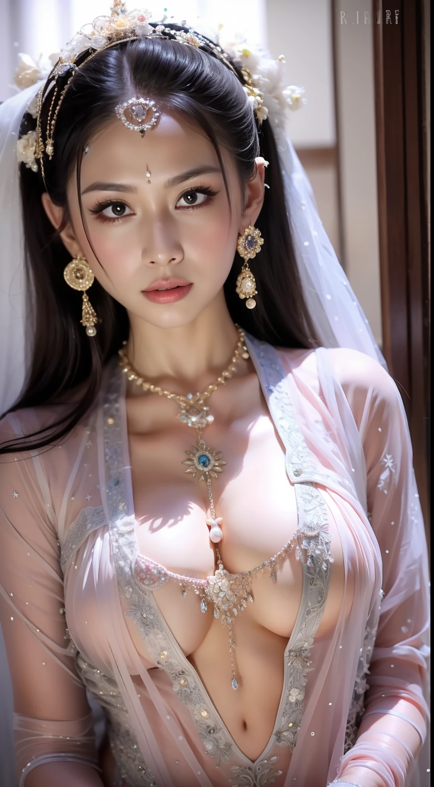 Fashion model 20 years old [[[[closeup cleavage]]]], [[[[boobgasm]]]], [[[[coll]]]], [[[[bshoulders]]]], perfect  eyes, Perfect iris，Perfect lips，perfect teeth，Perfect skin，with fair skin，Soft front light，hdr，Movie girl，Casual，long whitr hair，scowling，The expression was melancholy，expression sad，The background is indoors，during night，（pastel colour：1.2）