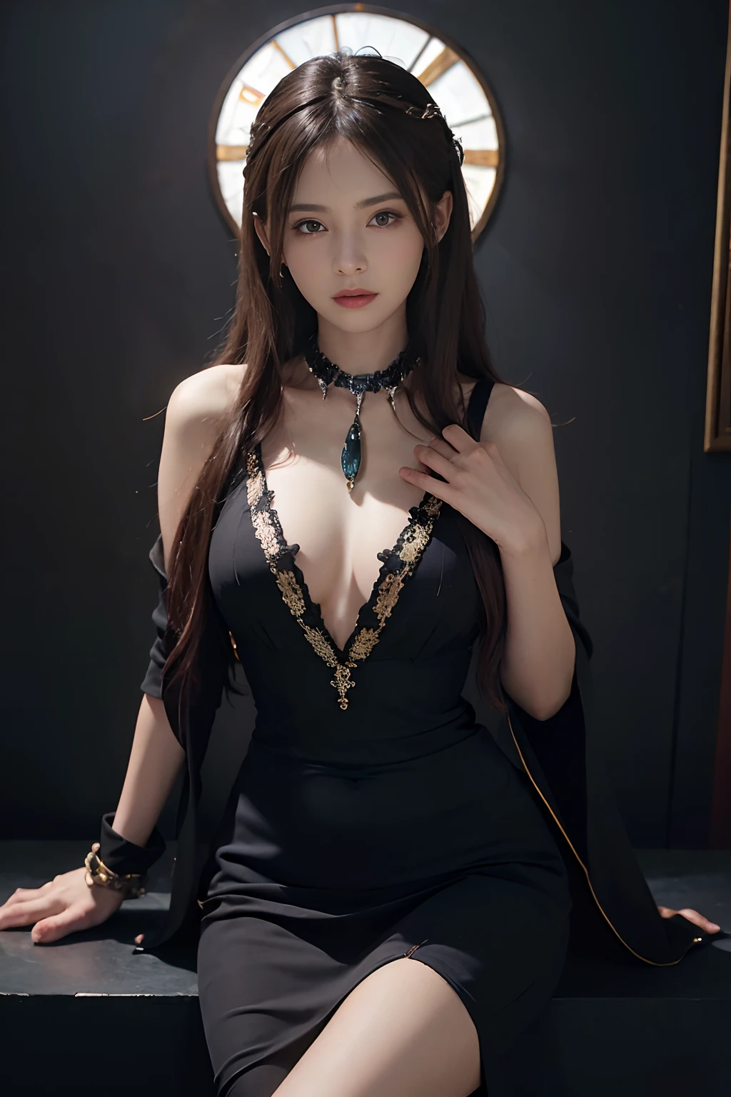 (Front focus),(in the darkness nigth:1.6),Surrealist portraits of women by David Hockney and Alphonse Mucha,Fantasyart,photographrealistic,动态照明,art stations,poster for,Volumetriclighting,Very detailed faces,4 k'',Award-winning transparent black dress,Reveal the belly with fine embroidery and fine jewelry , 1girll, In the dark, deepshadow, low tune, Cowboy shot,(official clothes:1.4),long whitr hair,whaite hair,