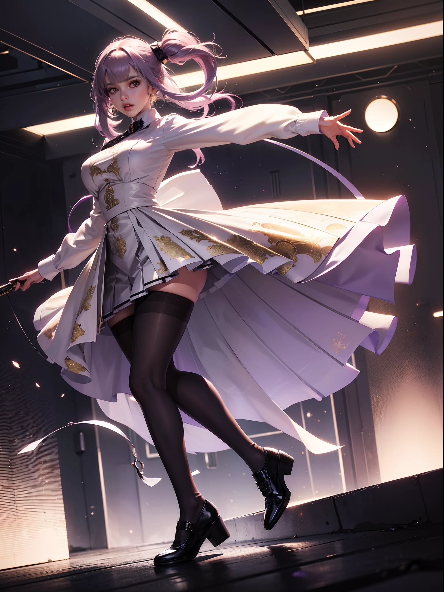 (full body:1.5),(1girl:1.3),(looking at viewer:1.4),(anatomy correct:1.3),(In the paradise of the day:1.3),(Wearing Very thick Printed Pantyhose and royal JK Student Dress Printed Pleated Skirt and JK uniform leather shoes,and a large amount of jewellery :1.3), (A high jump posture:1.3),(In pink|amarelo|blue colors|green color|red colour|white colors|black in color|purpleish color|greys|Beige|Flesh color 1.4),,(Accurate and perfect face:1.4),(Clothing Gloss:1.25),(Skin reflection:1.25),hyper HD, Ray traching, reflective light,structurally correct, Award-Awarded, high detal, lightand shade contrast, Face lighting,cinmatic lighting, tmasterpiece, super detailing, high high quality, high detal, best qualityer, 16k,high contrast,