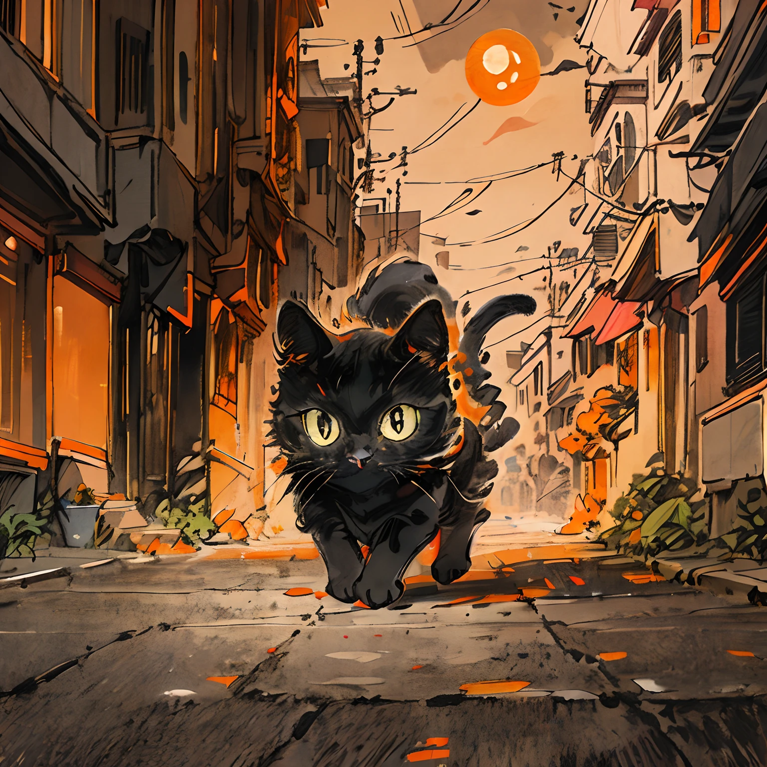 Black Cat, Orange, Cute, Big Eyes, Masterpiece, Full Moon, Alley