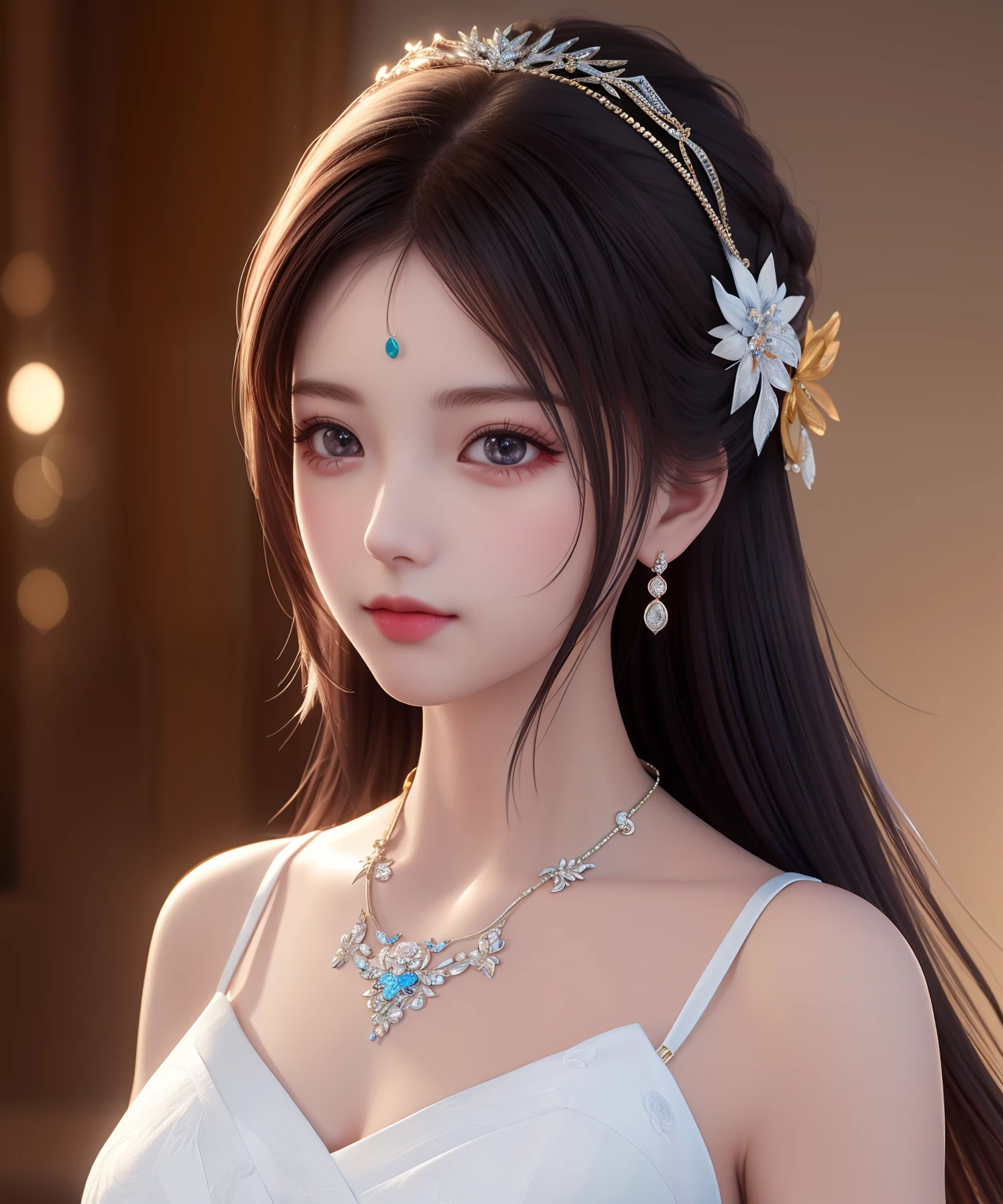 Best quality, masterpiece, high resolution, 1girl, porcelain dress, hair accessories, necklace, jewelry, beautiful face, on the body, Tyndall effect, realistic, dark studio, edge lighting, two-tone lighting, (high detail skin: 1.2), 8k UHD, dslr, soft light, high quality, volumetric light, candid, photo, high resolution, 4k, 8k, background blur,