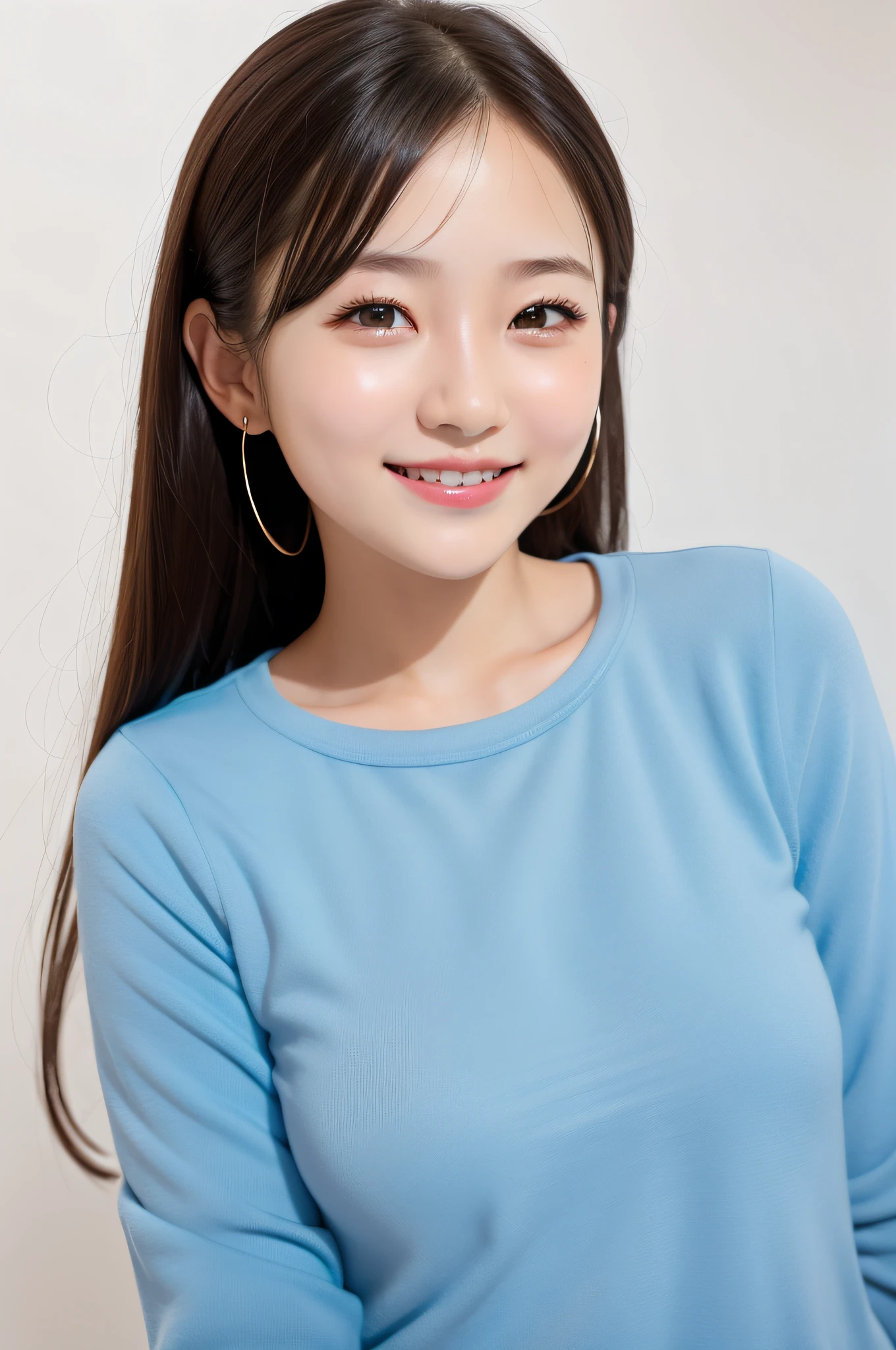1girl, pure, casting, grin, looking at viewer, photo, realistic, soft blue color background, masterpiece, best quality, super detail