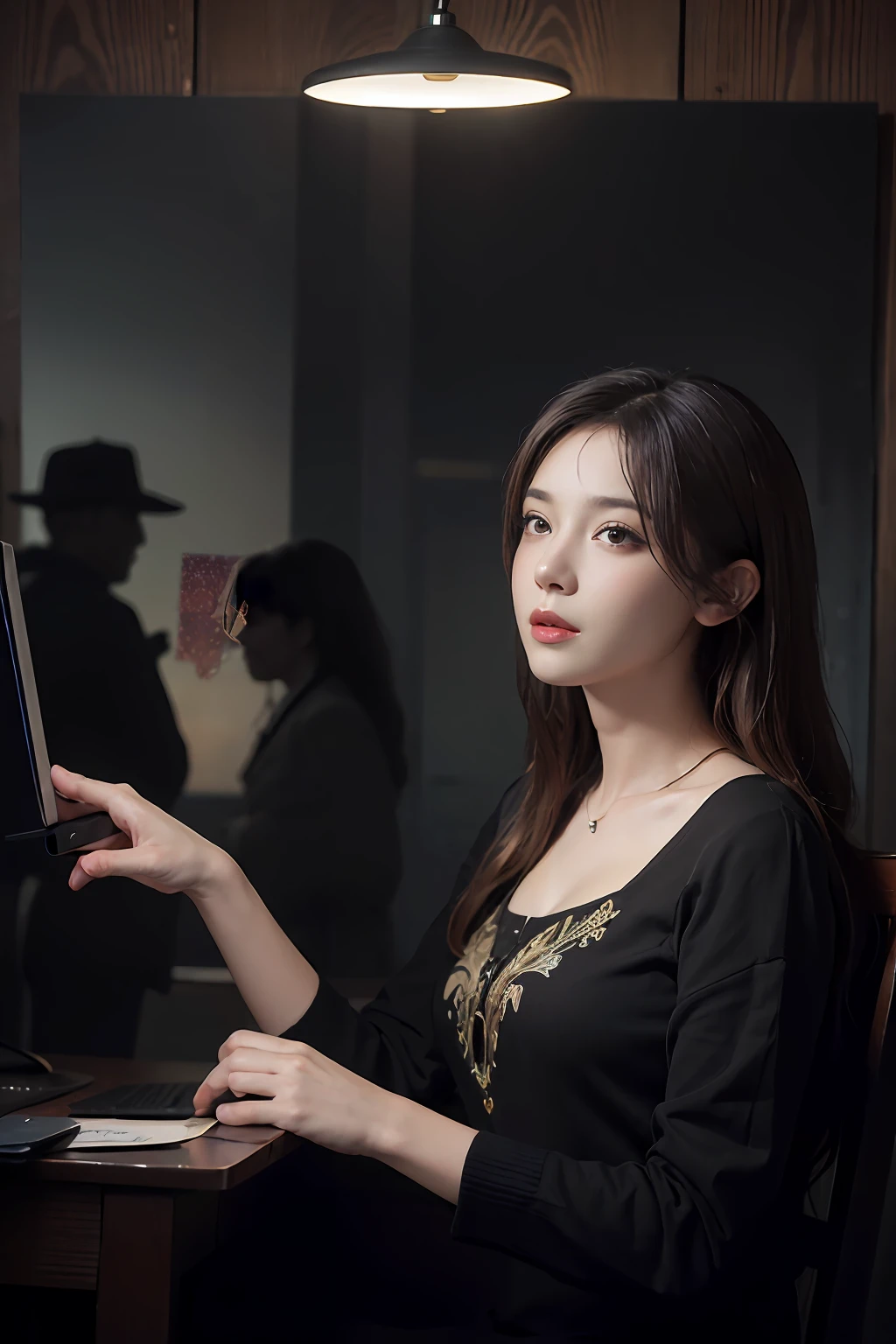 （Front focus），（in the darkness nigth：1.6），Surrealist portraits of women by David Hockney and Alphonse Mucha，Fantasyart，photographrealistic，动态照明，art  stations，poster for，Volumetriclighting，Very detailed faces，4 k''，Award-winning transparent black dress，Fine embroidery with fine jewelry , 1girll, In the dark, deepshadow, low tune, Cowboy shot,(official clothes:1.4),long whitr hair,whaite hair,
