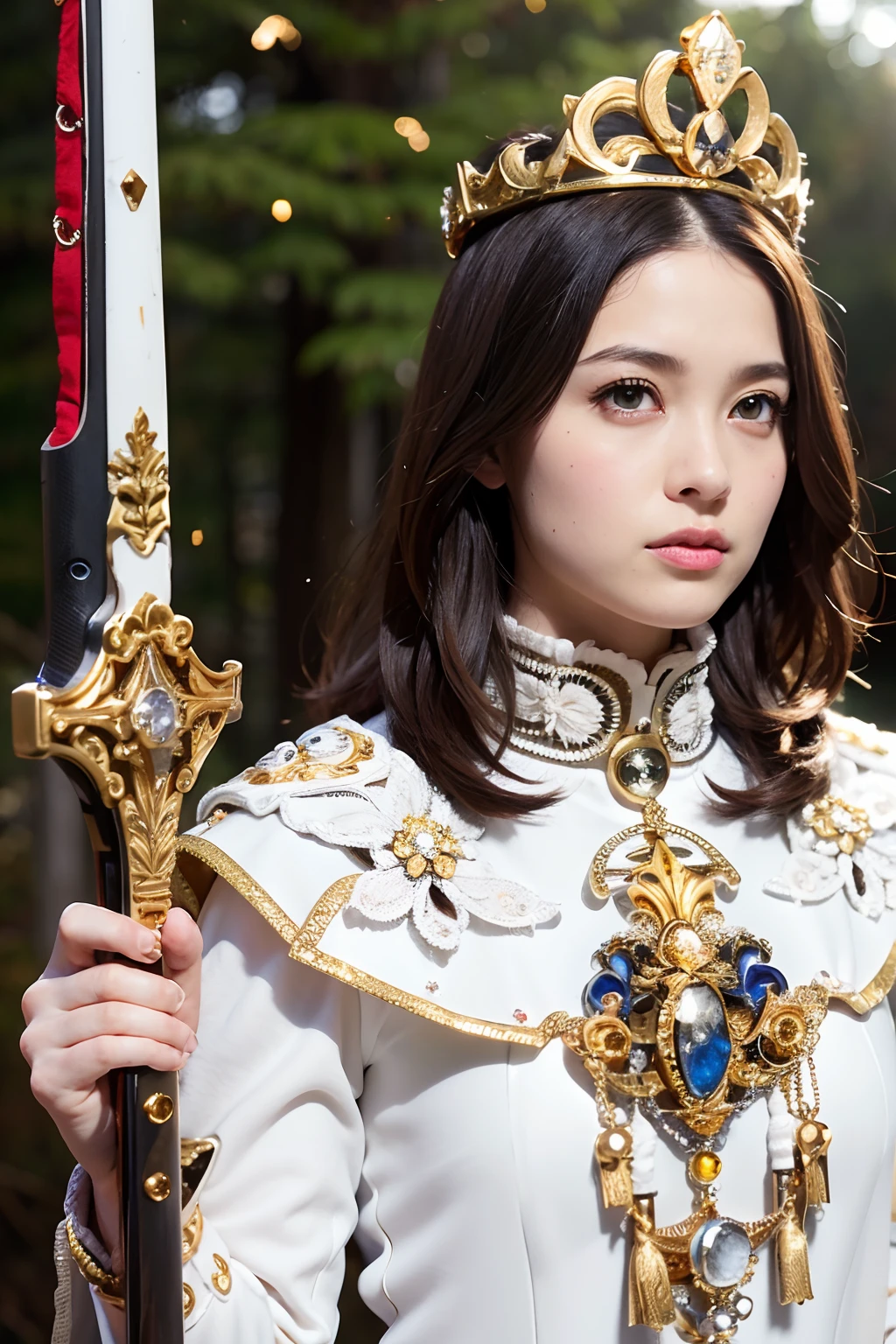 (masutepiece), Professional , ​masterpiece、top-quality、photos realistic , depth of fields （Gemstone Silver Metal Body:1.９),(Matte White、Particles of light、 Gold Weapon（Metal:1.４),Gorgeous metal weapons , Detailed Sword of the Brave , Beautiful knife   ,warhammer 40k , adepta sororitas,Detail and ornate jewel crown、Brown hair、Gangle's forest background、Beautiful Caucasian beauty、１a person、dynamic ungle,(((Detailed and ornate diamond crown)))、Particles of light、